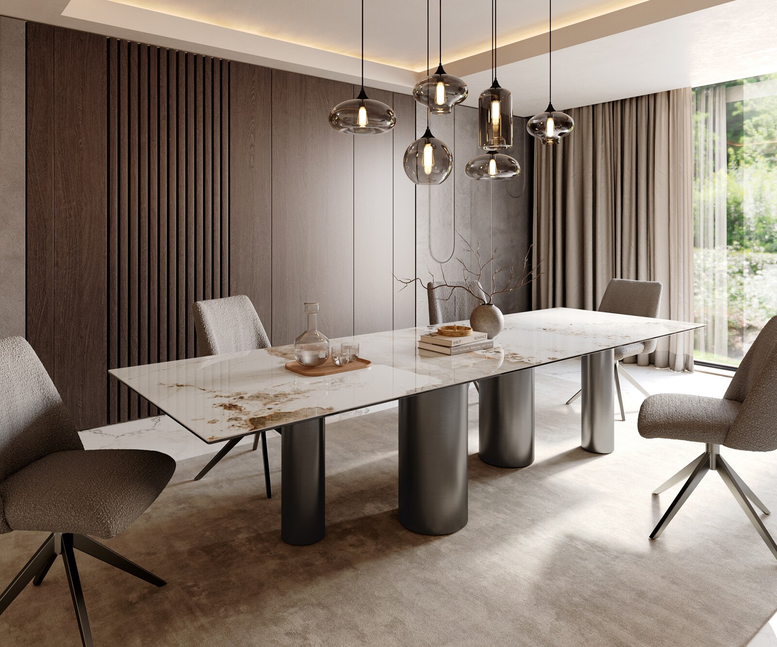 Stół do jadalni Edge 300x100cm ceramika Minas Melange biało-beżowy rama Pilier stal nierdzewna grafit 1
