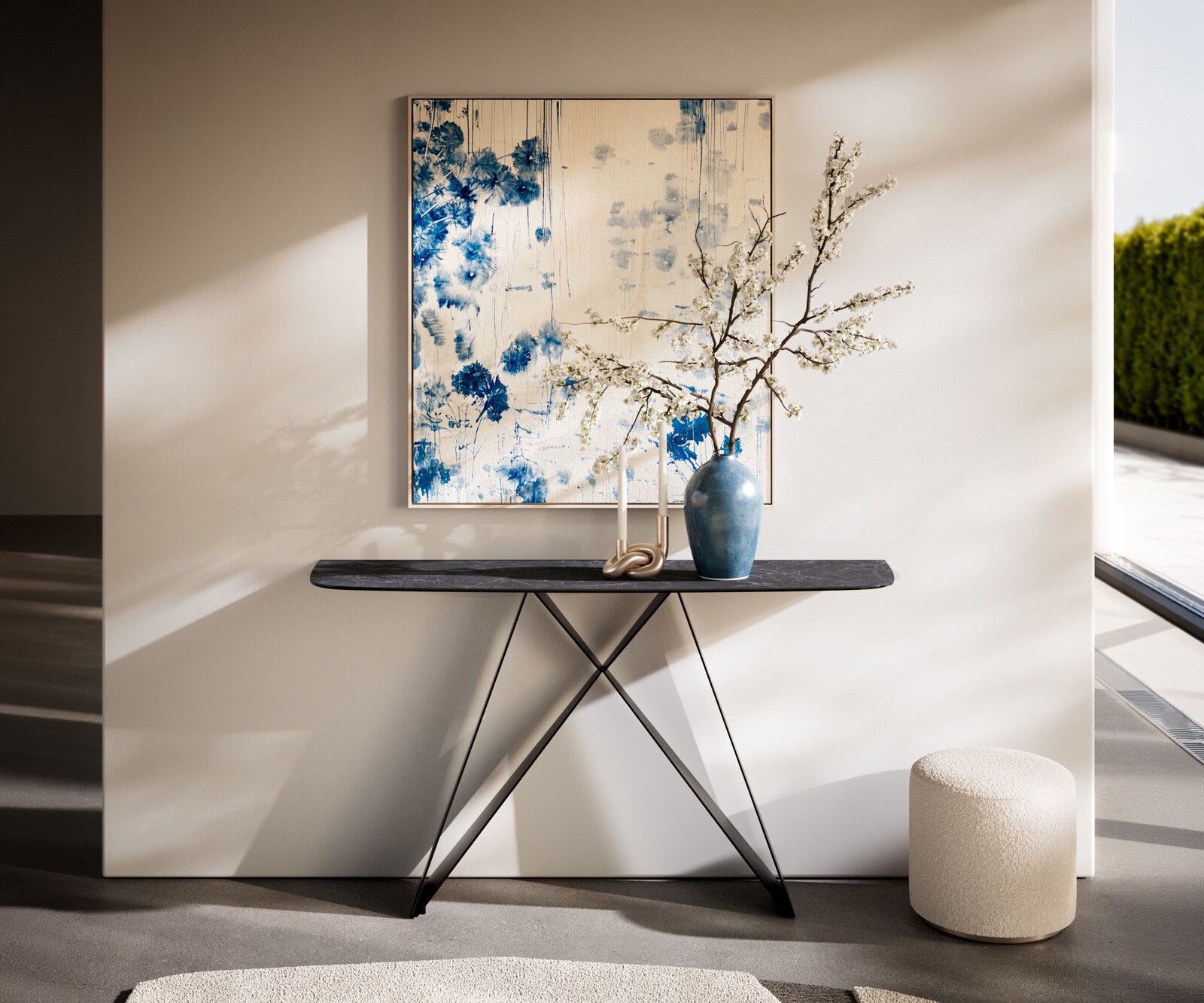 Konsola Edge w kształcie beczki 140x40 cm ceramika Laminam® Nero Greco antracytowa podstawa Velio metal czarny 1