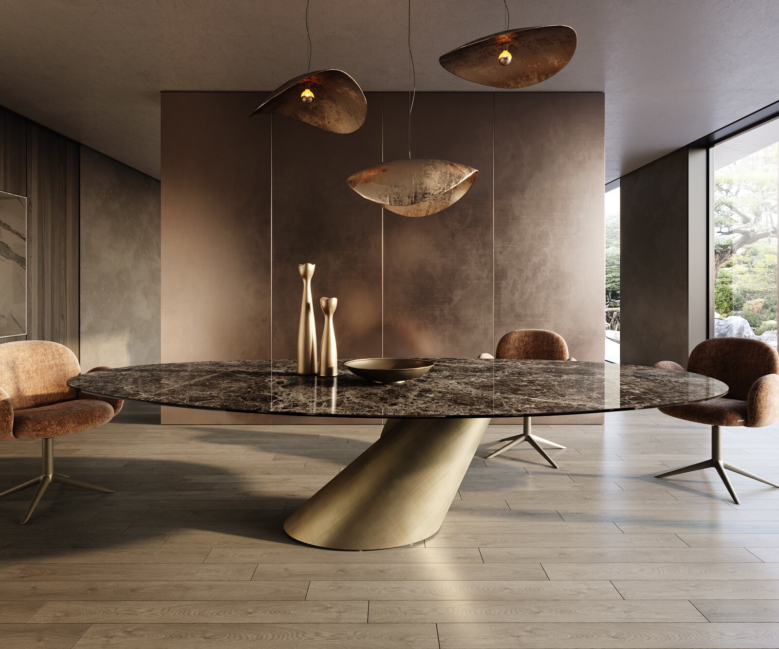 Stół do jadalni Edge owalny 315x150 cm ceramika Emperador Extra Lucidato ciemnobrązowa rama Cono metaliczny złoty 1