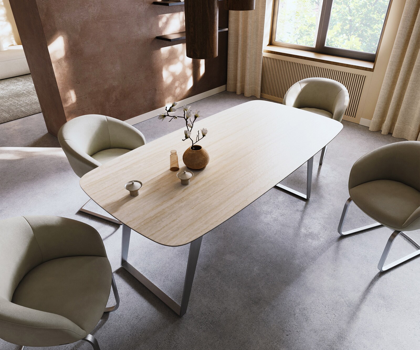 Stół do jadalni Edge w kształcie beczki 200x100cm ceramika Laminam® Travertino Bianco kremowo-biały stal nierdzewna rama pochylona 3