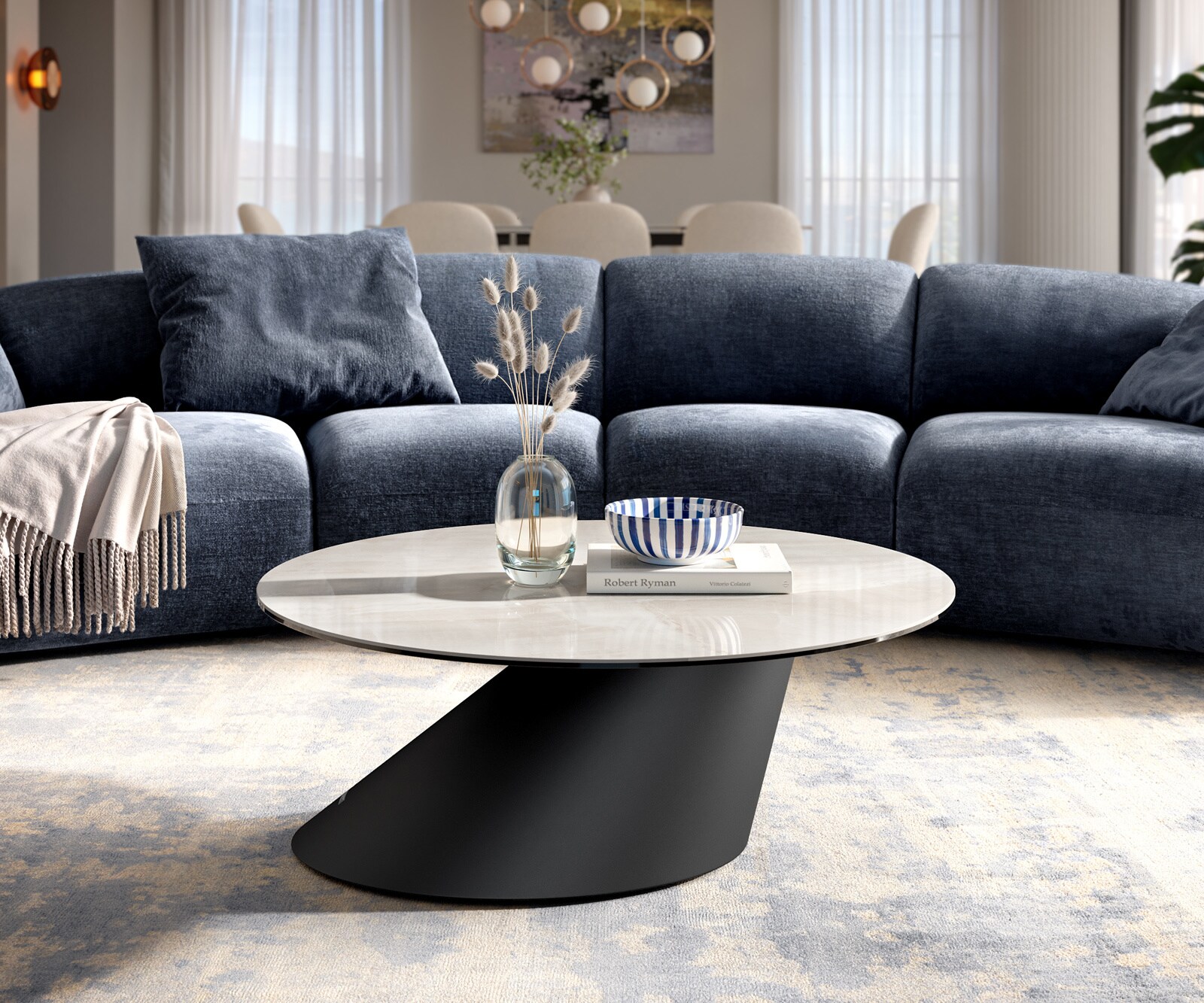 Stolik kawowy Edge okrągły 90x90 cm ceramika Onyx Champagne podstawa Conis metal czarny 2