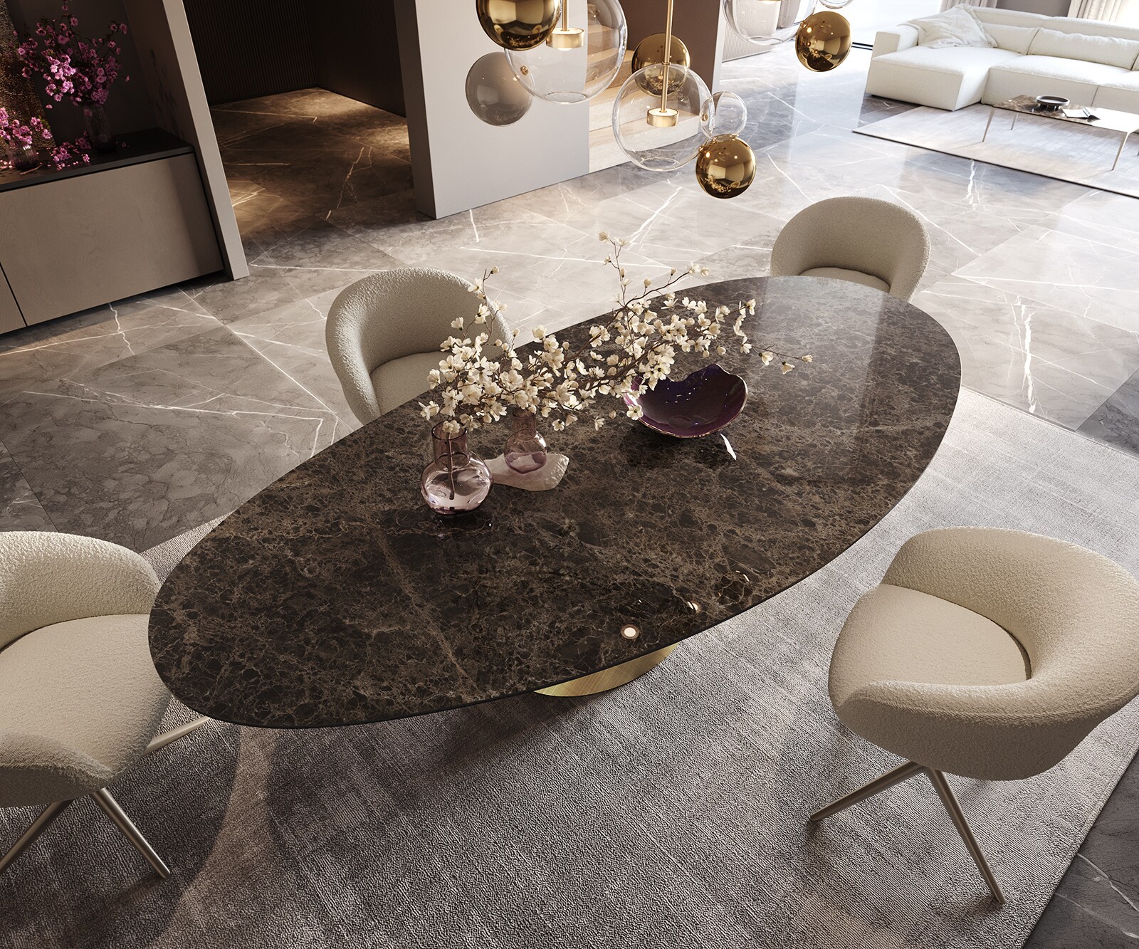 Stół do jadalni Edge owalny 280x130cm ceramika Emperador Extra Lucidato ciemnobrązowy rama Cono metaliczny złoty 3