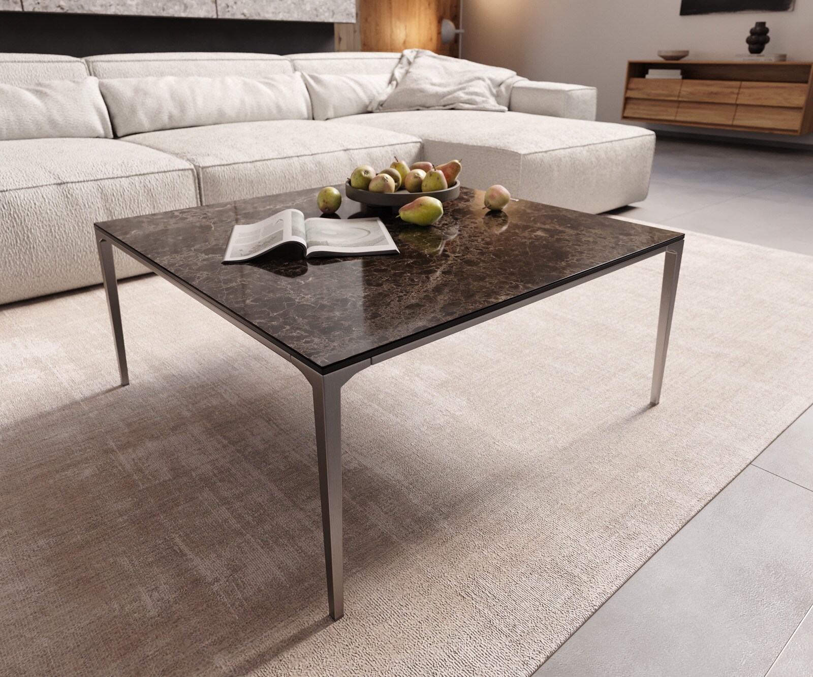 Stolik kawowy Levente 85x85cm ceramika Emperador Extra Lucidato ciemnobrązowy rama stal nierdzewna srebrny