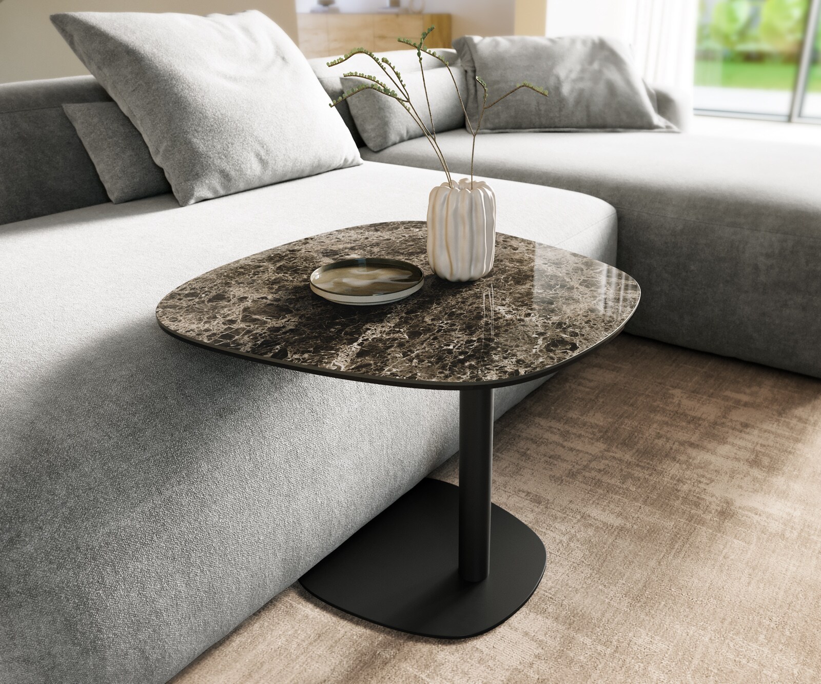 Stolik kawowy Edge w kształcie beczki 60x60 cm Laminam® Emperador Extra Lucidato ciemnobrązowy podstawa Eleny metal czarny