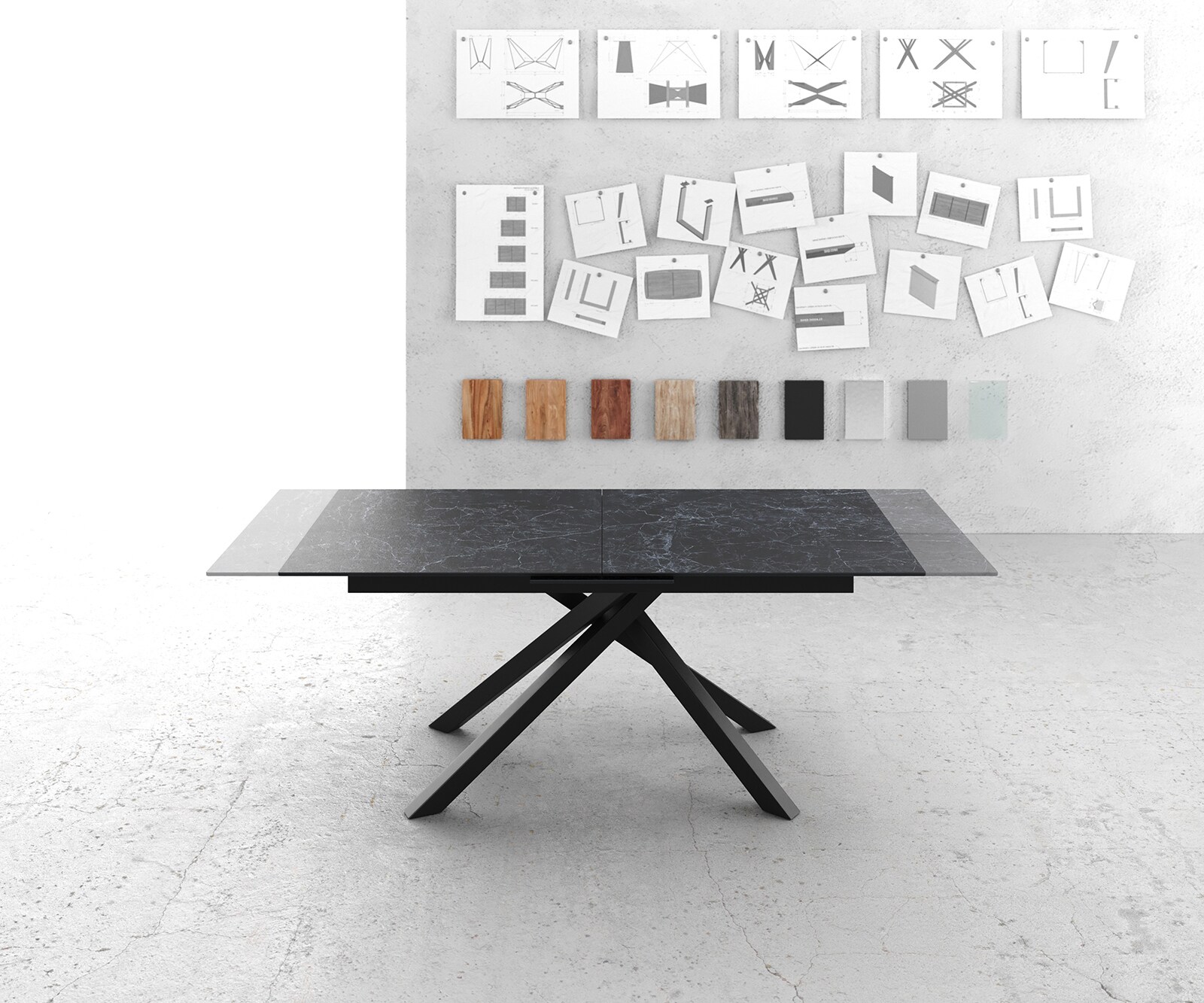 Stół do jadalni Edge 180-220x100 cm ceramika Laminam® Nero Greco antracyt rama Cross czarna rozkładany 5