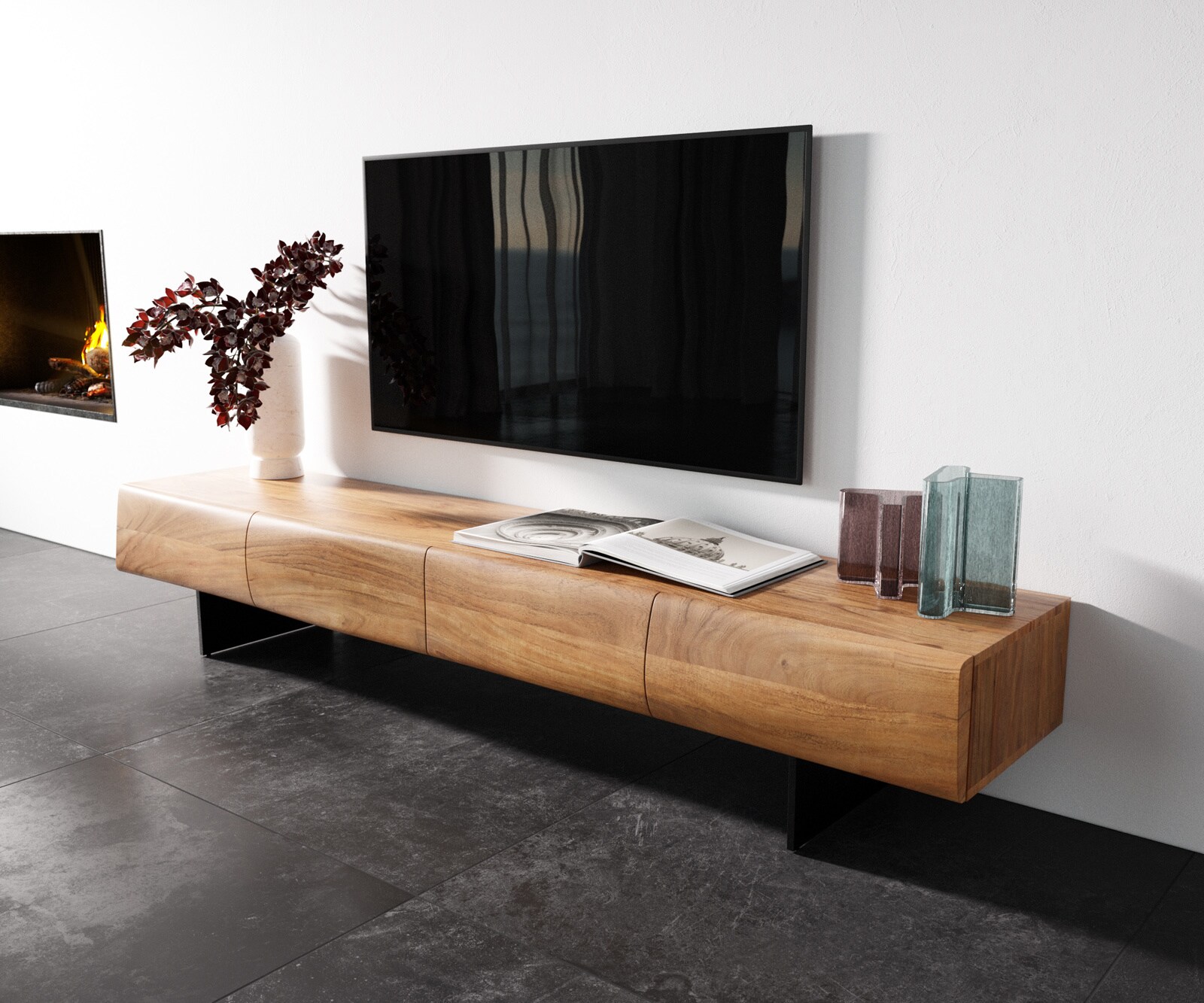 Szafka RTV New Live-Edge 200 cm akacja naturalna 4 drzwi nóżki wąskie czarny metal