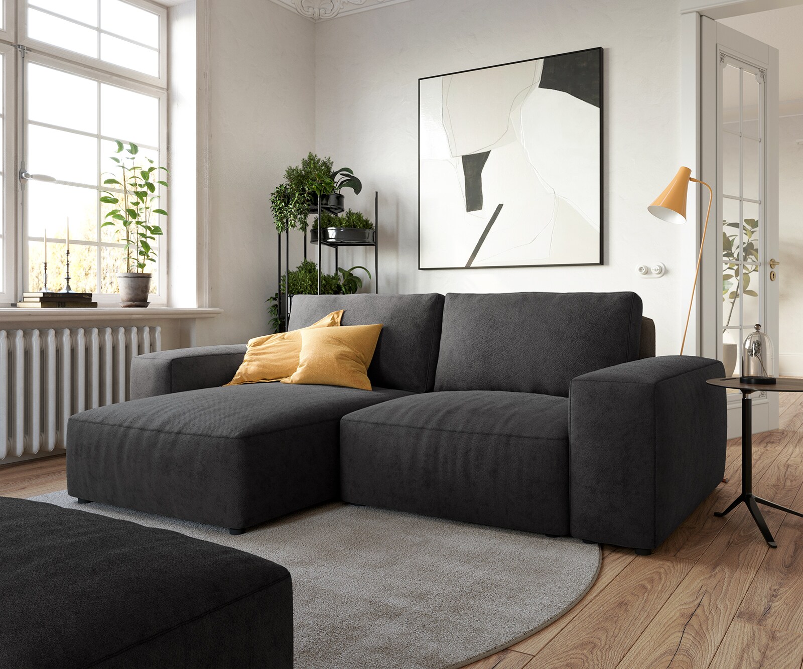 Sofa narożna Lanzo L 260x160 cm mikrofibra czarna szezlong z możliwością obustronnego montażu z pufem