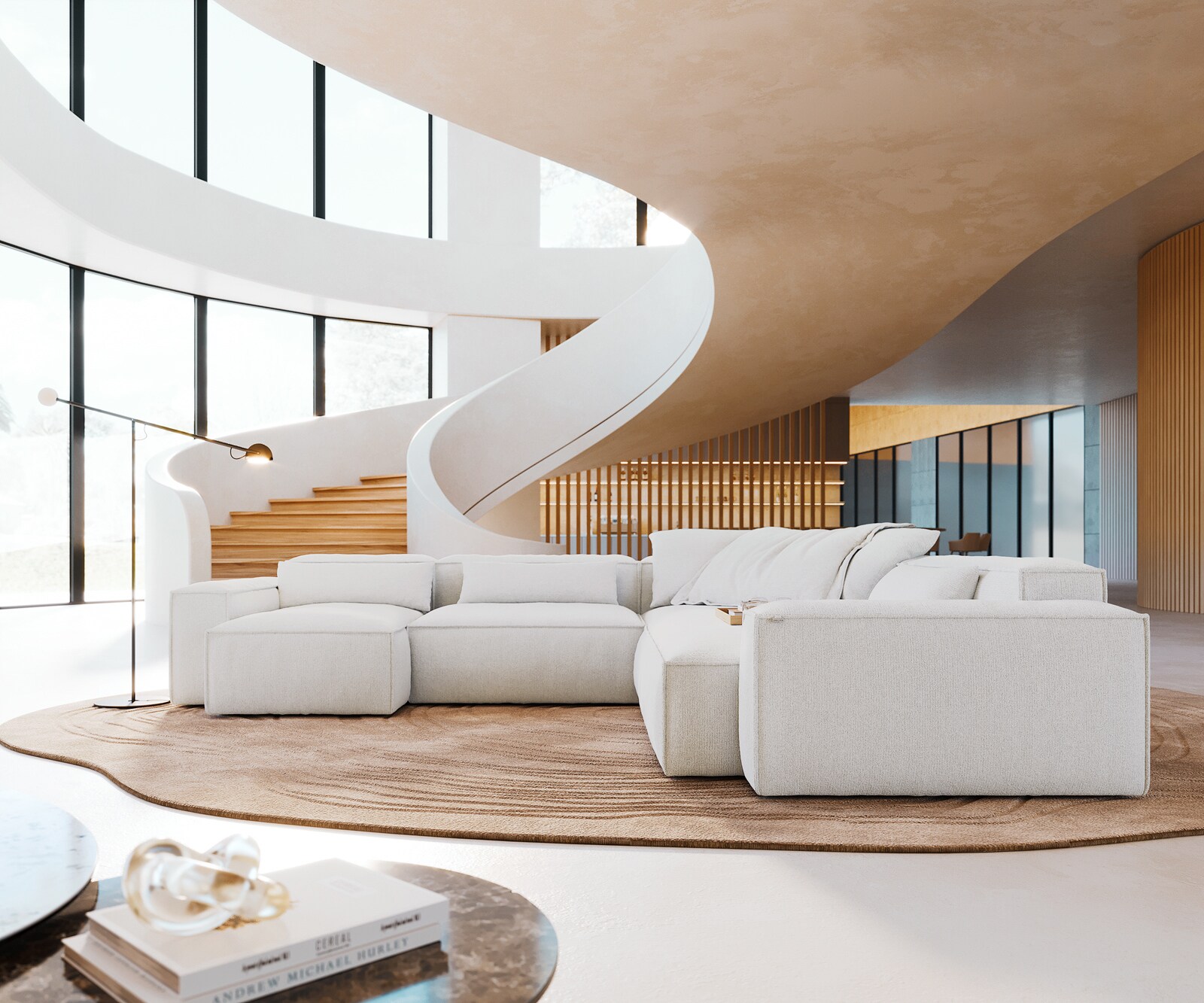 Sofa w kształcie litery U Freestyle 360x290 cm miękka tkanina bouclé beżowa z lamówką 1
