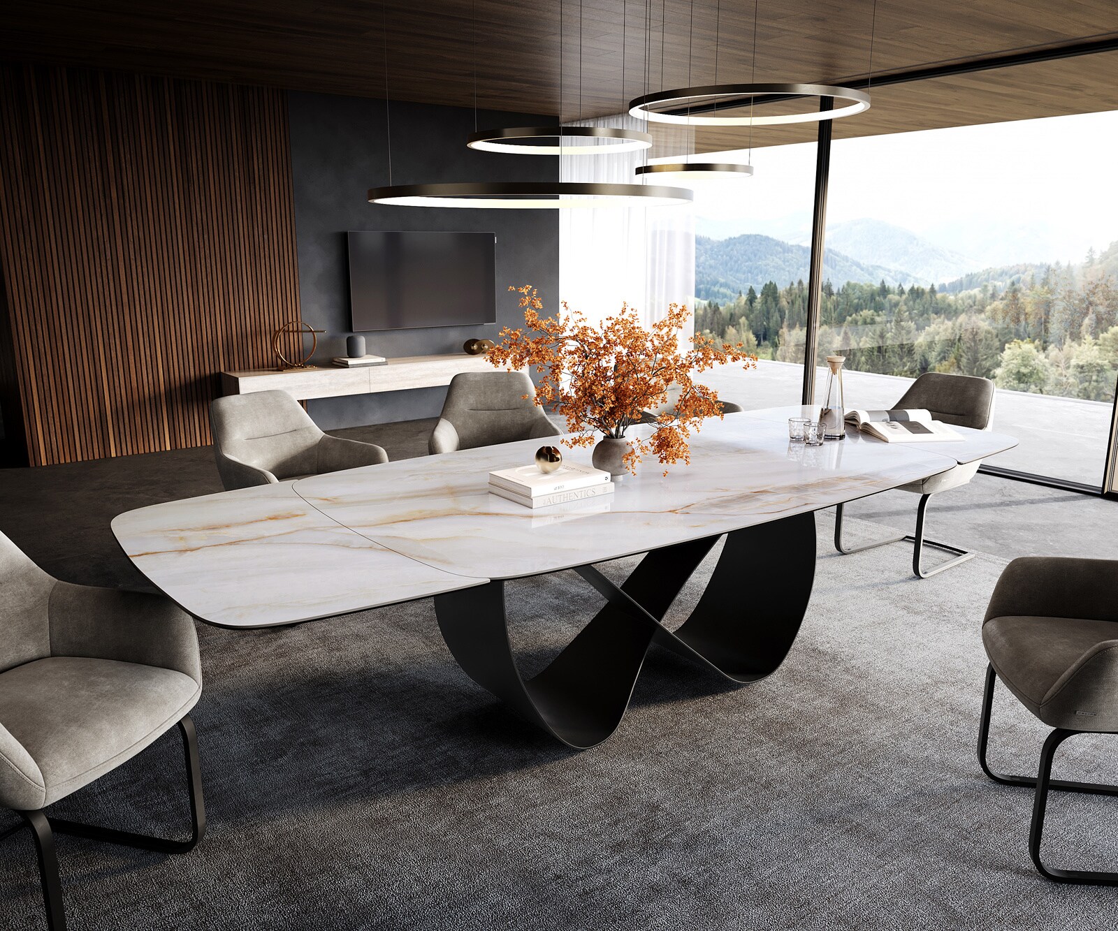 Stół do jadalni Edge w kształcie beczki 200-300x120 cm ceramika Onyx Pearl rama Infinity metal czarny rozkładany 1