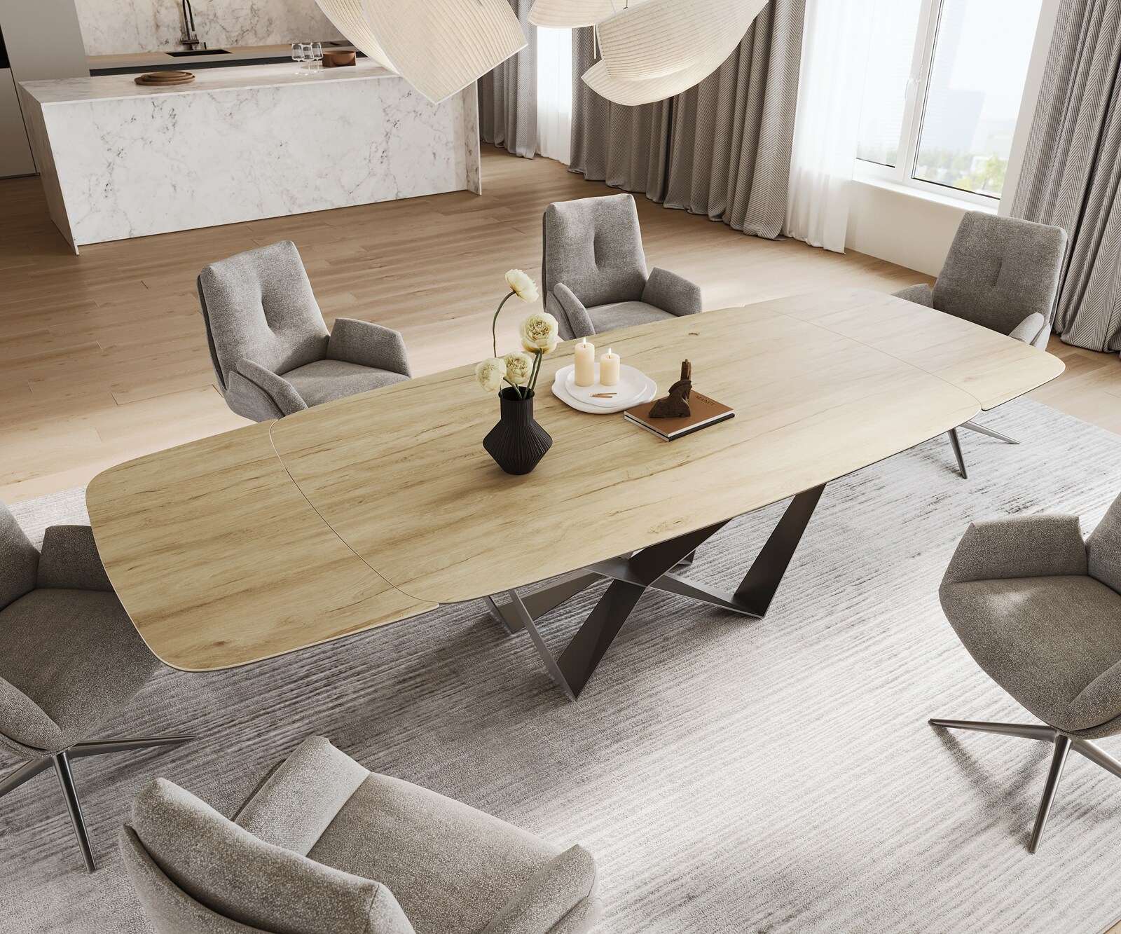 Stół do jadalni Edge w kształcie beczki 200-300x120 cm ceramika Laminam® Sabbia w kolorze dębu rama Spider stal nierdzewna kolor grafitowy rozkładany 3