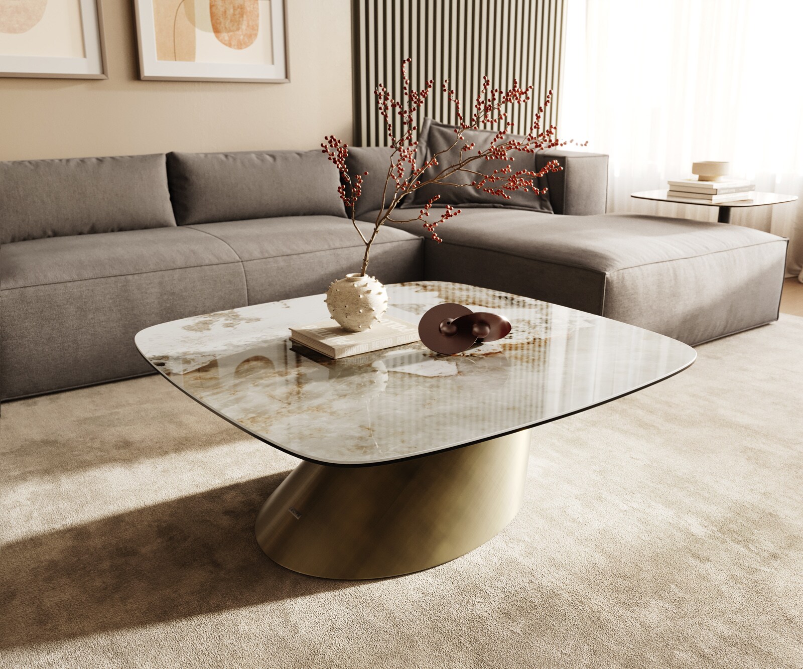 Stolik kawowy Edge w kształcie beczki 90x90 cm ceramika Minas Melange podstawa Conis metaliczny złoty 1