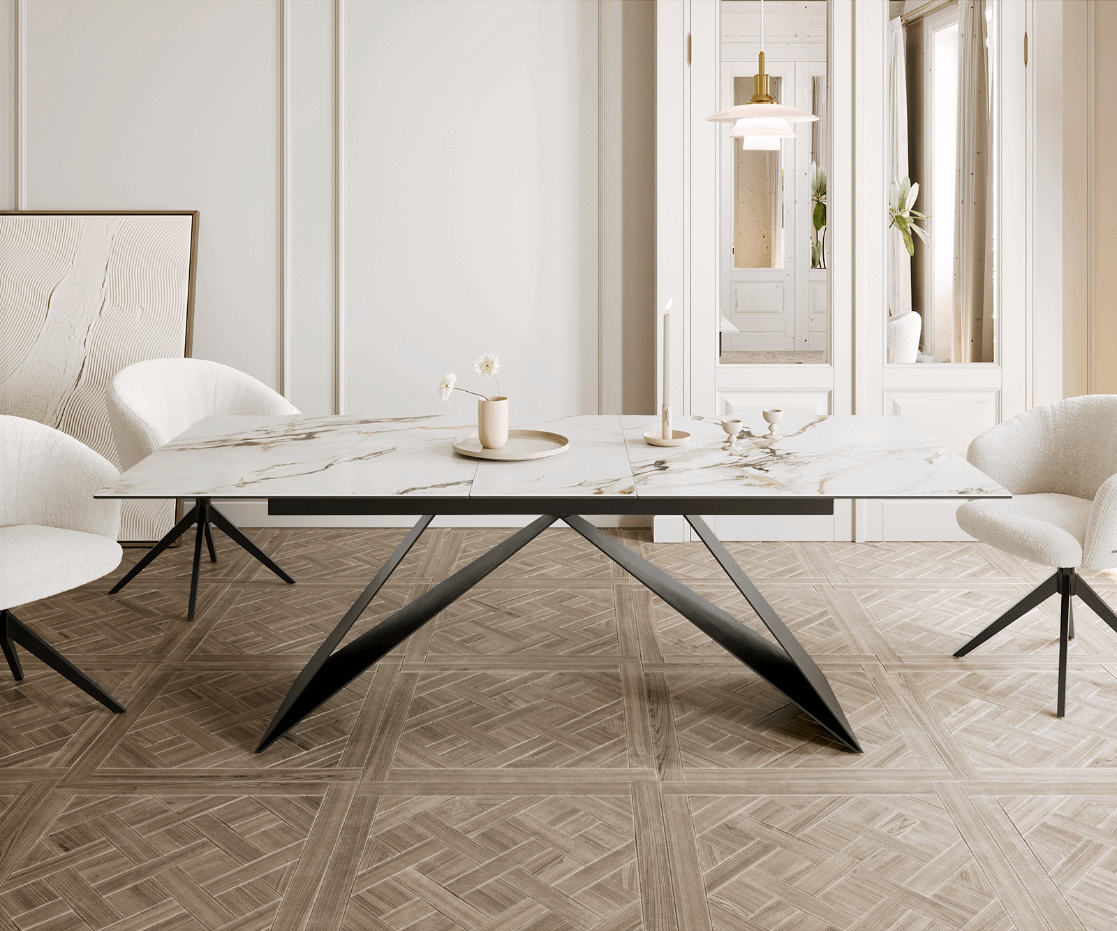 Stół do jadalni Edge 180-220x100 cm ceramika Calacatta Luxe biało-złoto-szary rama V metal czarna rozkładany 1