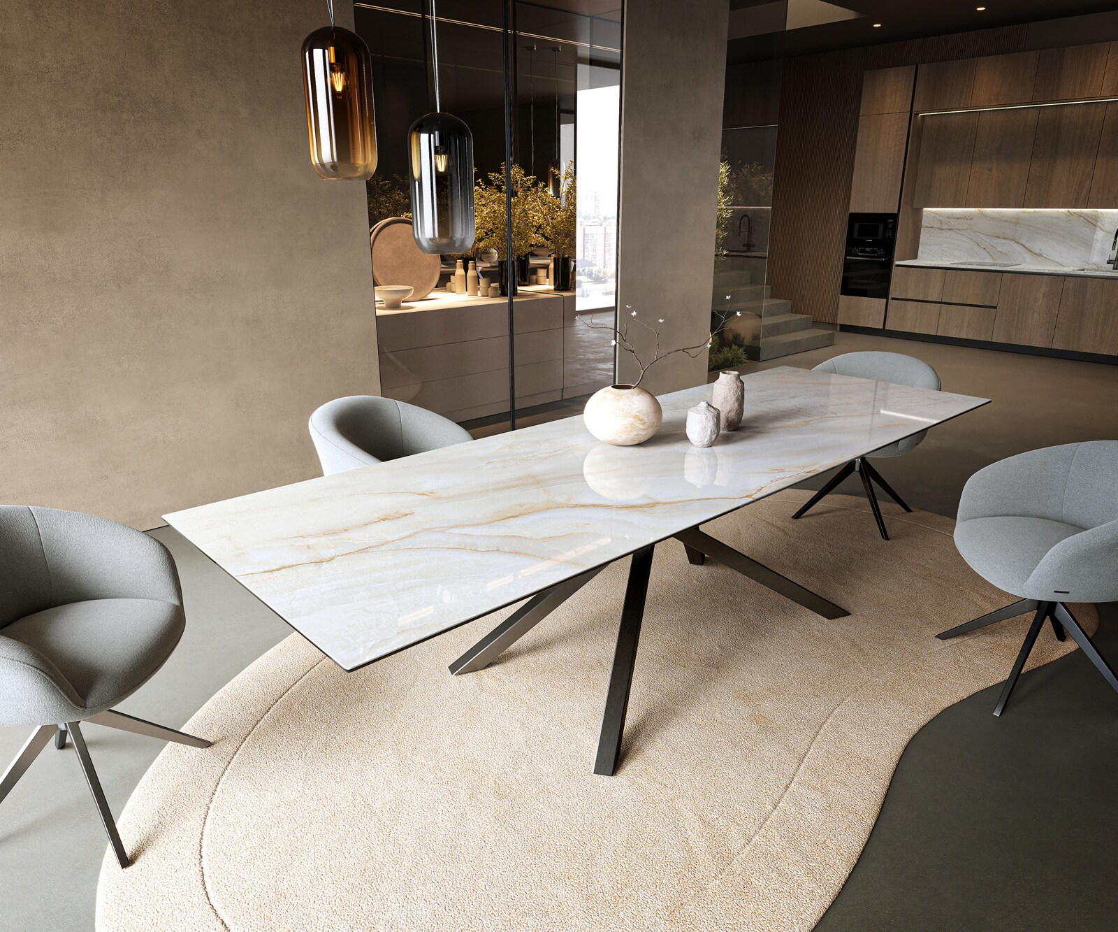 Stół do jadalni Edge 300x100cm ceramika Onyx Pearl rama Cross stal nierdzewna kolor grafitowy
