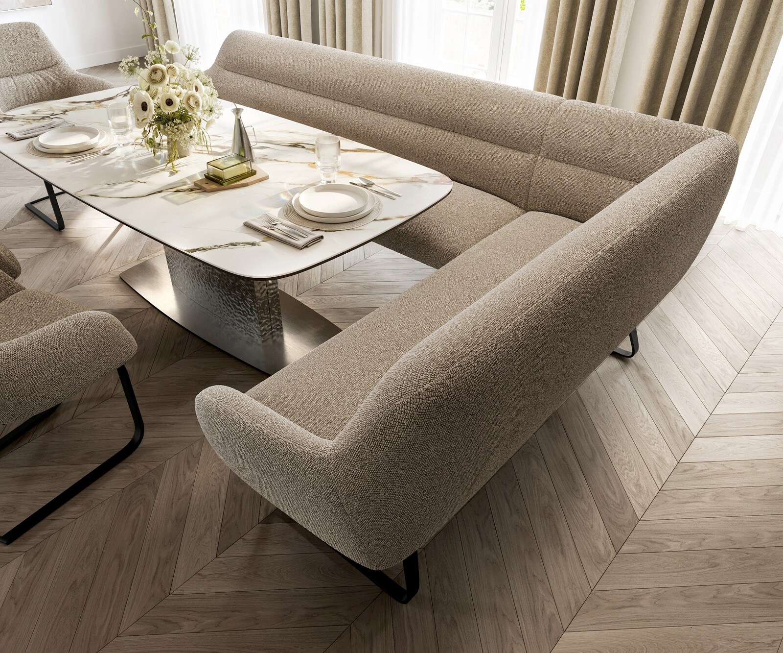 Ławka do jadalni Taya-Flex 285x190 cm bouclé szaro-brązowy podstawa płozowa płaska metal czarny sprężyny kieszeniowe lewa 4
