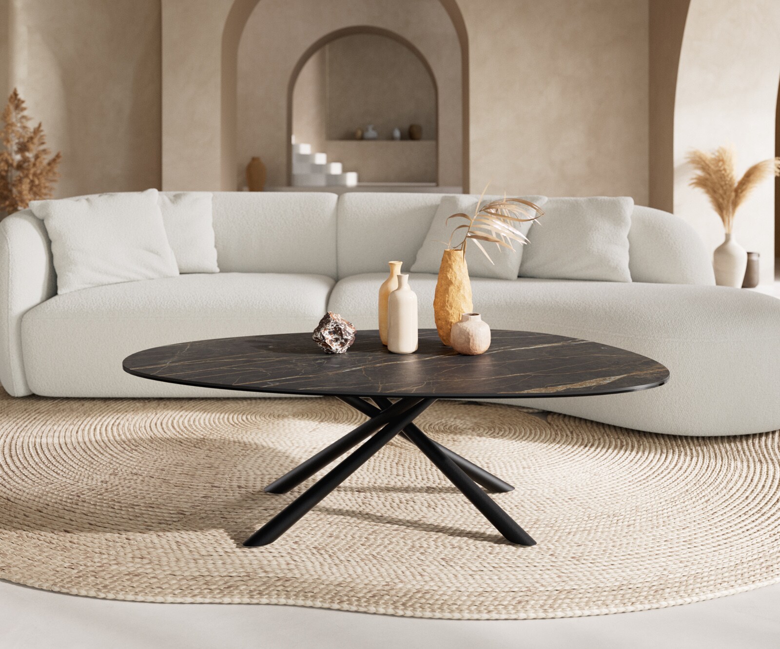 Stolik kawowy Edge owalny 140x75 cm ceramika Laminam® Noir Desir brązowa podstawa Sarity metal czarny 2
