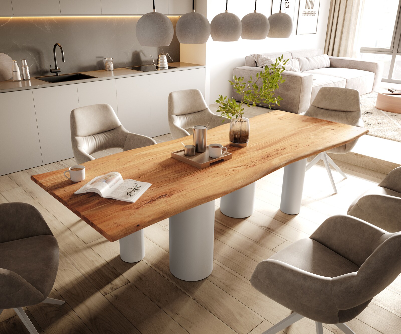 Stół do jadalni Edge 260x100 cm akacja naturalna rama Pilier metal biały 1