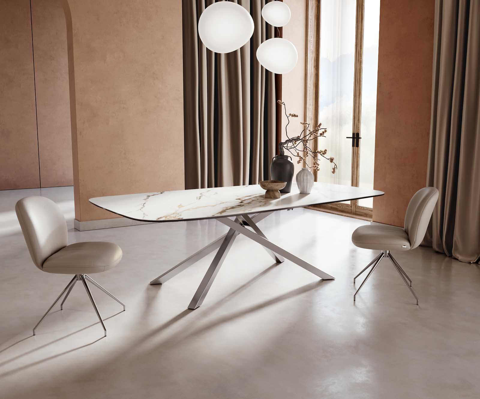 Stół do jadalni Edge kształt beczki 240x120cm ceramika Calacatta Luxe biało-złoto-szary rama Cross stal nierdzewna 1