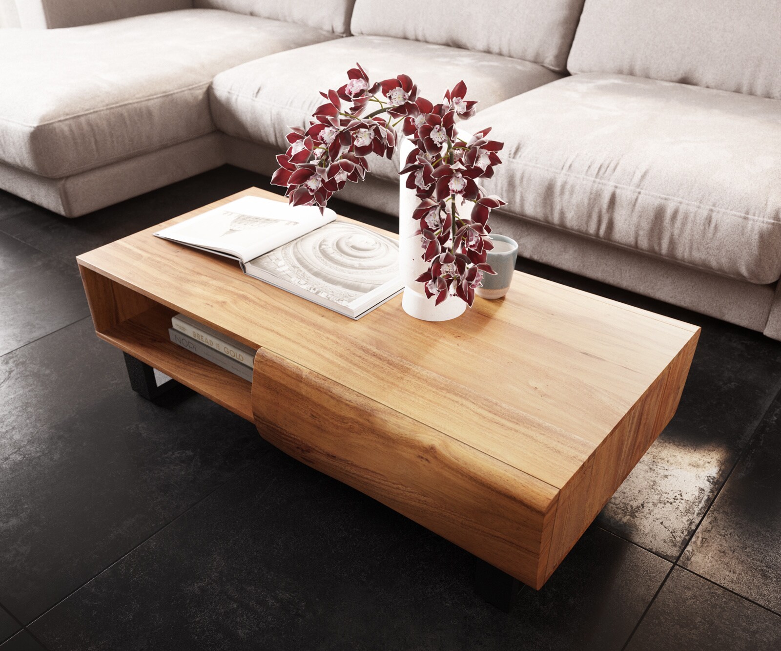 Stolik kawowy New Live-Edge 115x60 cm akacja naturalna 2 szuflady 1 przegroda nóżki płozowe metal czarny 3