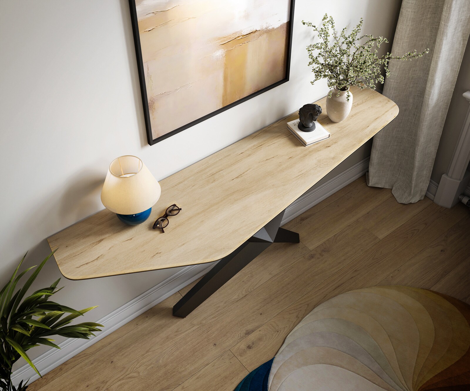 Konsola Edge wielokątna 180x50 cm ceramika Laminam® Sabbia w kolorze dębu podstawa Zentharo metal czarny 2
