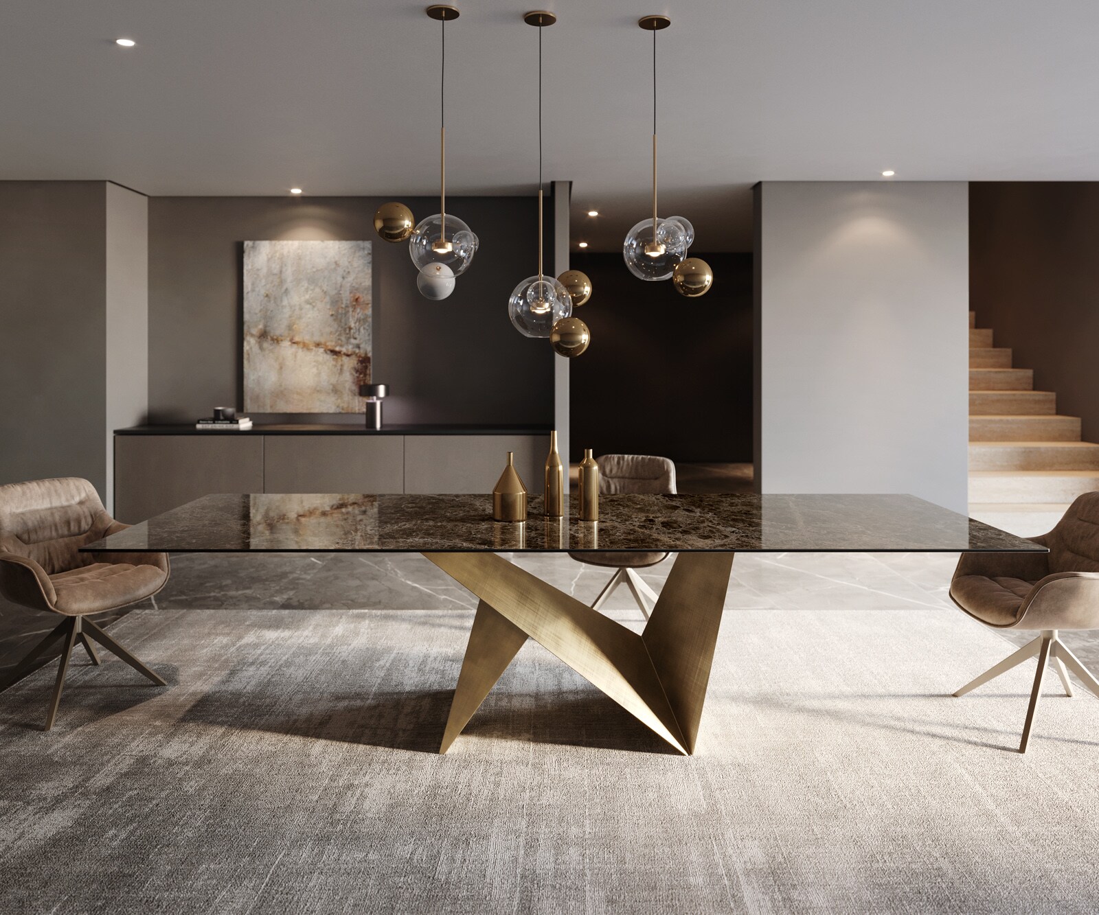 Stół do jadalni Edge 300x100cm ceramika Laminam® Emperador Extra Lucidato ciemnobrązowy rama Origami metaliczny złoty 1