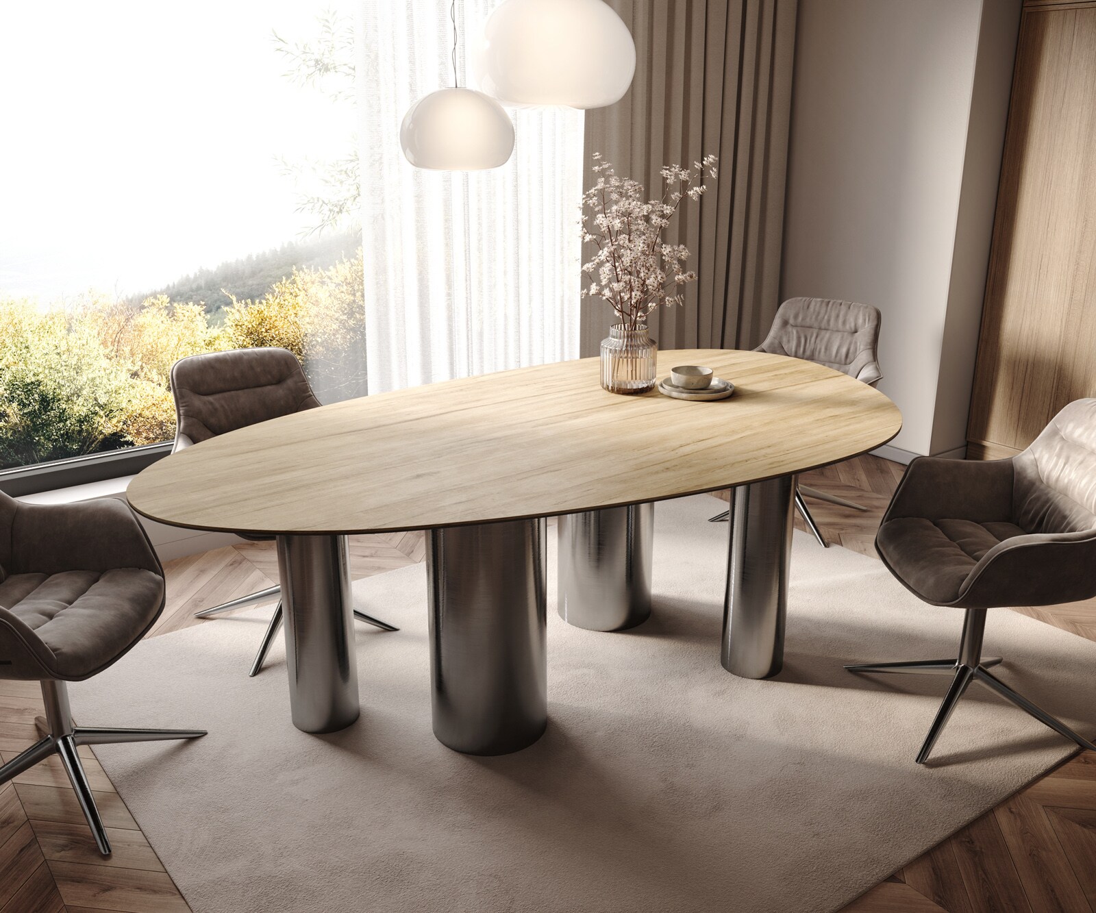 Stół do jadalni Edge owalny 220x120cm ceramika Laminam® Sabbia kolor dębowy rama Pilier stal nierdzewna kolor grafitowy