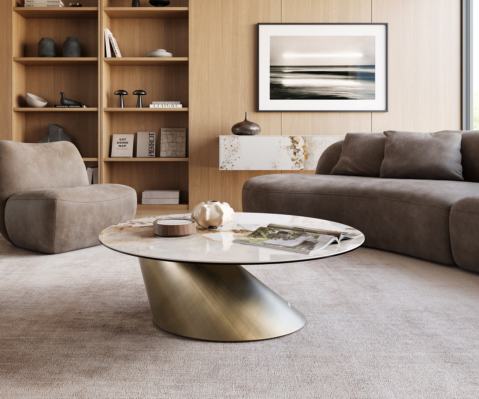 Stolik kawowy Edge okrągły 100x100cm ceramika Minas Melange biało-beżowa podstawa Conis metaliczny złoty 1