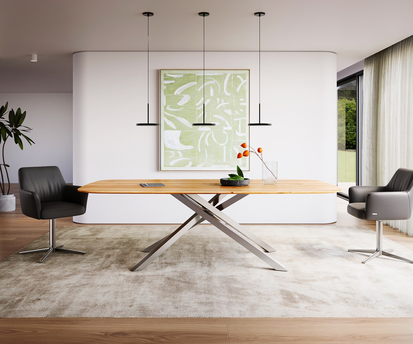 Stół do jadalni Edge kształt beczki 240x120x2,5-3cm dąb naturalny rama Cross stal nierdzewna krawędź szwajcarska