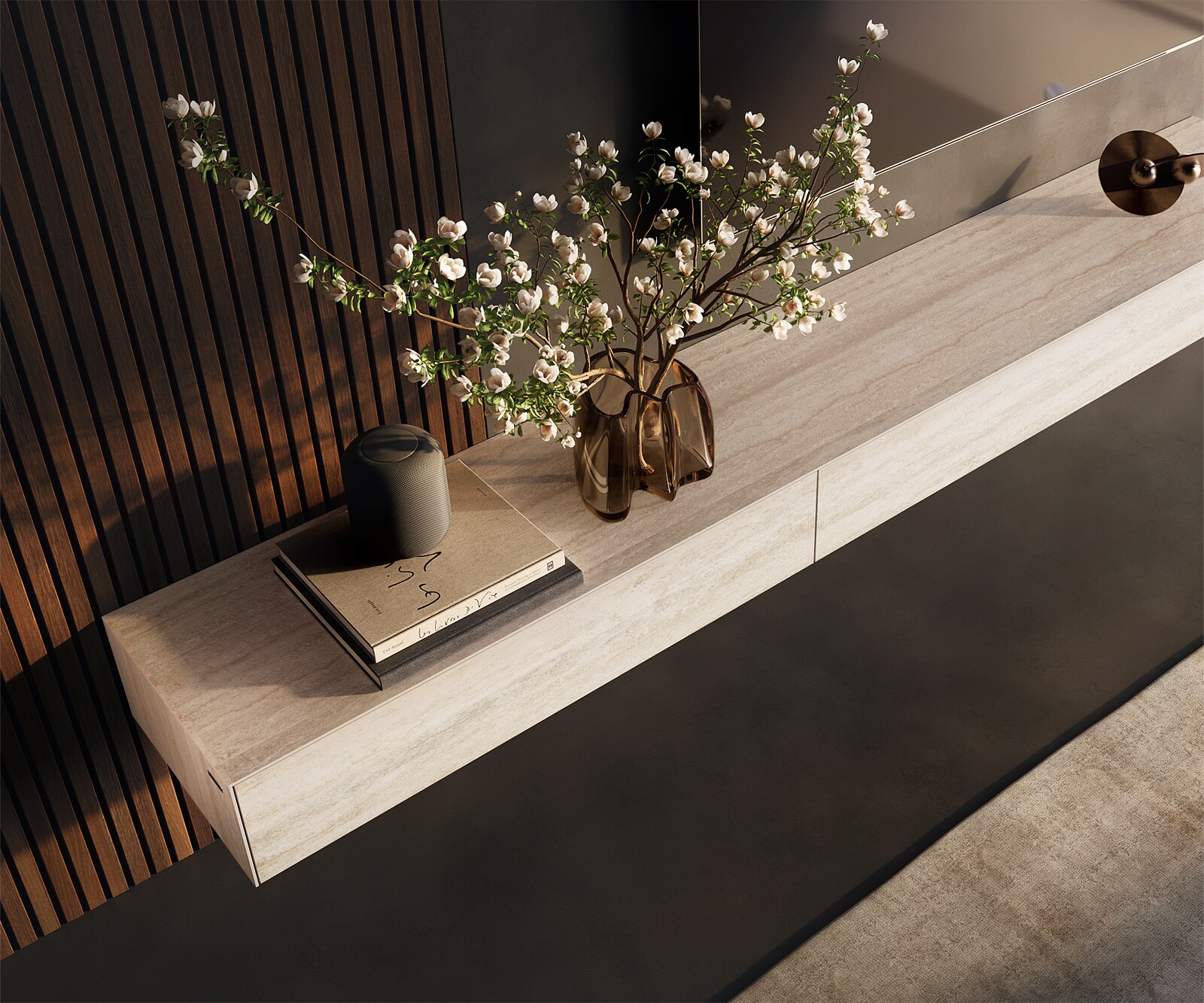Szafka RTV Cuor 250 cm ceramika Laminam® Travertino Bianco kremowo-biała 1 klapa 1 szuflada podwieszana 4