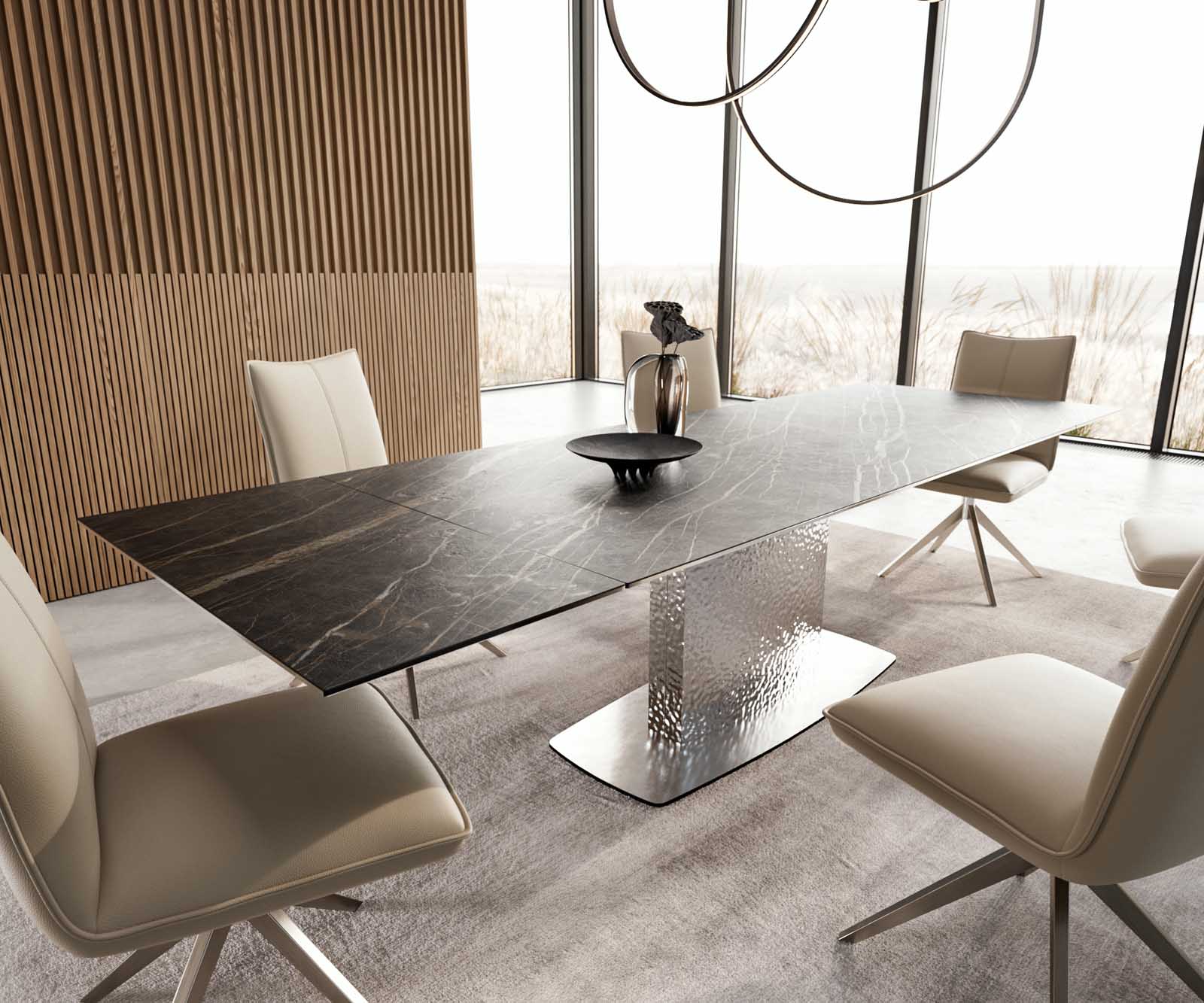 Stół do jadalni Edge 200-300x100 cm ceramika Laminam® Noir Desir brązowy rama Wave stal nierdzewna rozkładany