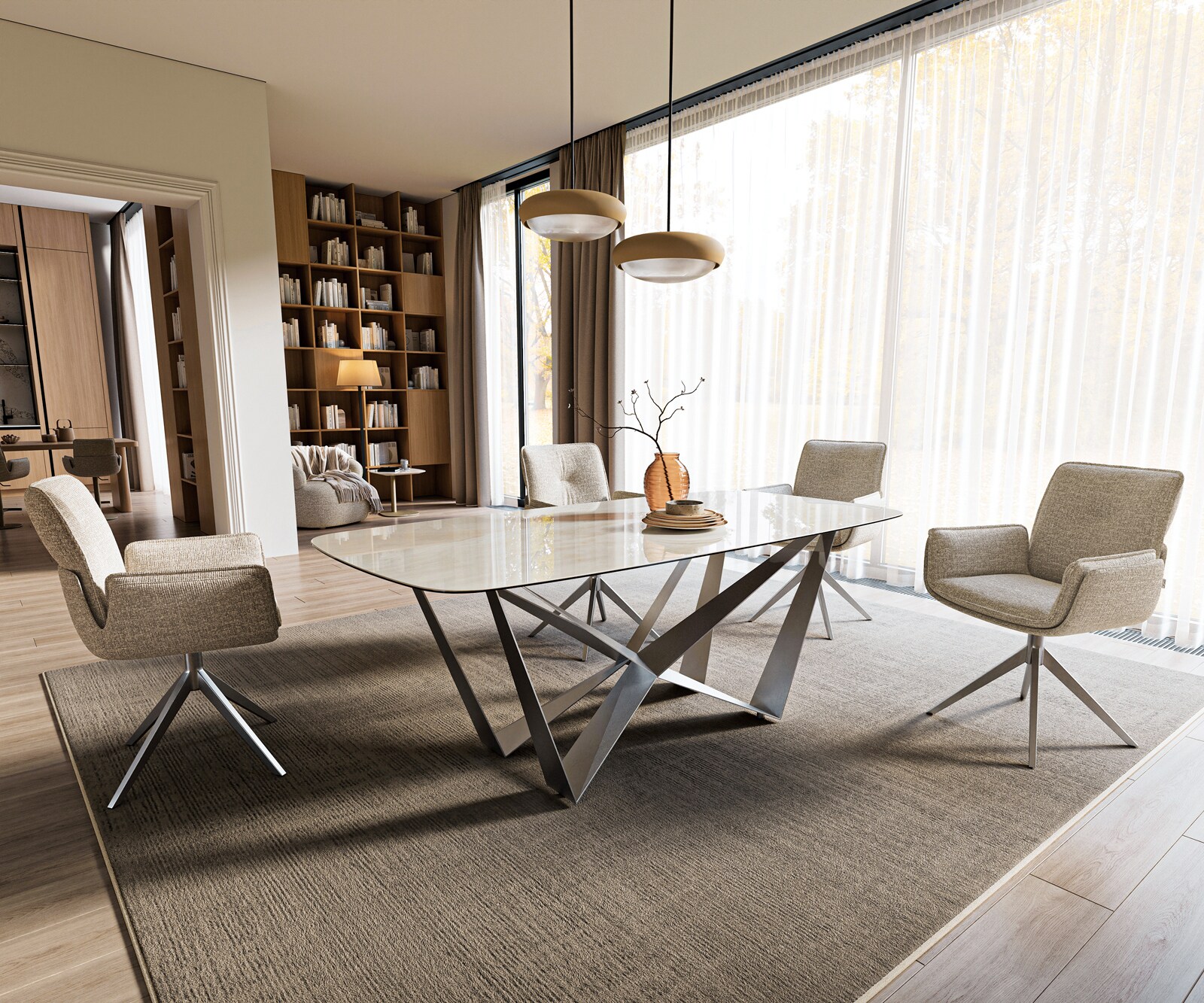 Stół do jadalni Edge w kształcie beczki 200x100 cm ceramika Onyx Champagne rama Spider stal nierdzewna kolor grafitowy 6
