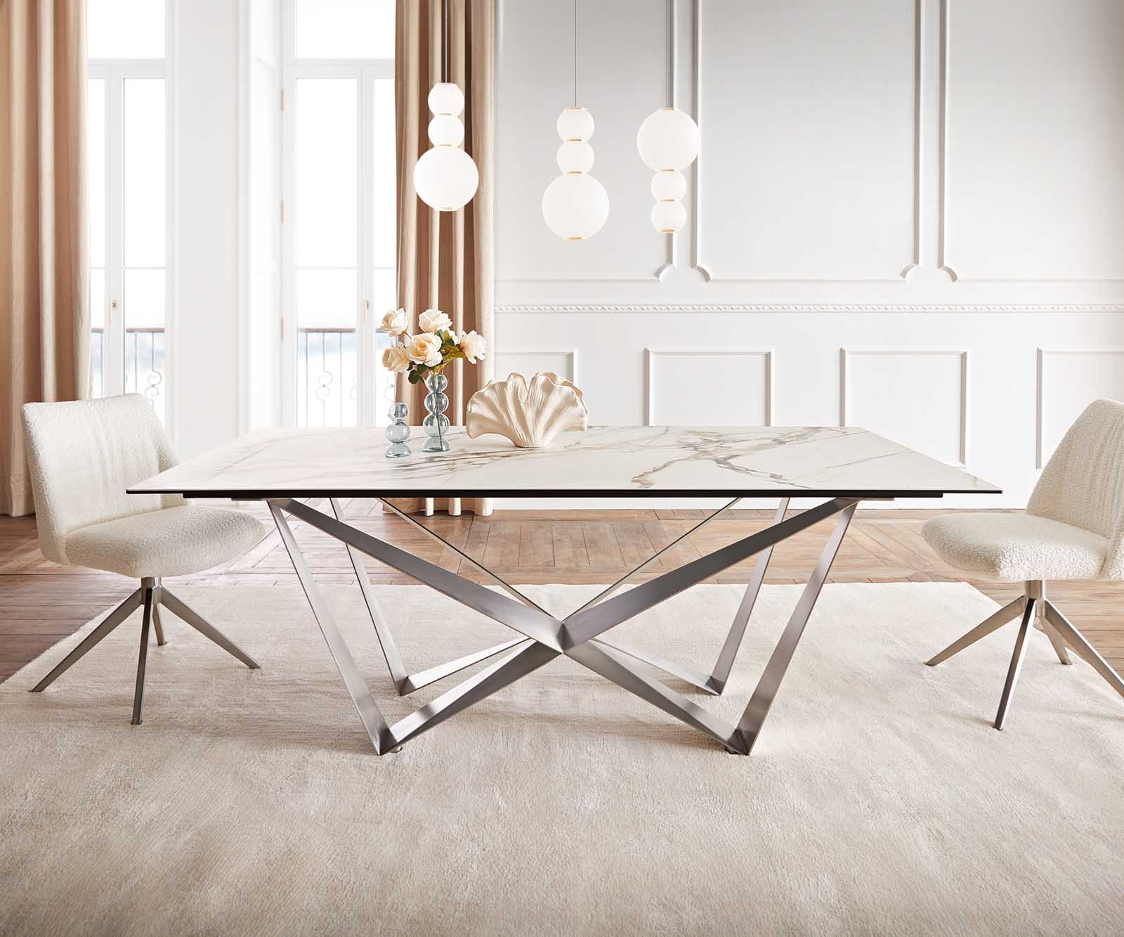 Stół do jadalni Edge 200x100 cm ceramika Calacatta Luxe biało-złoto-szary rama Spider stal nierdzewna