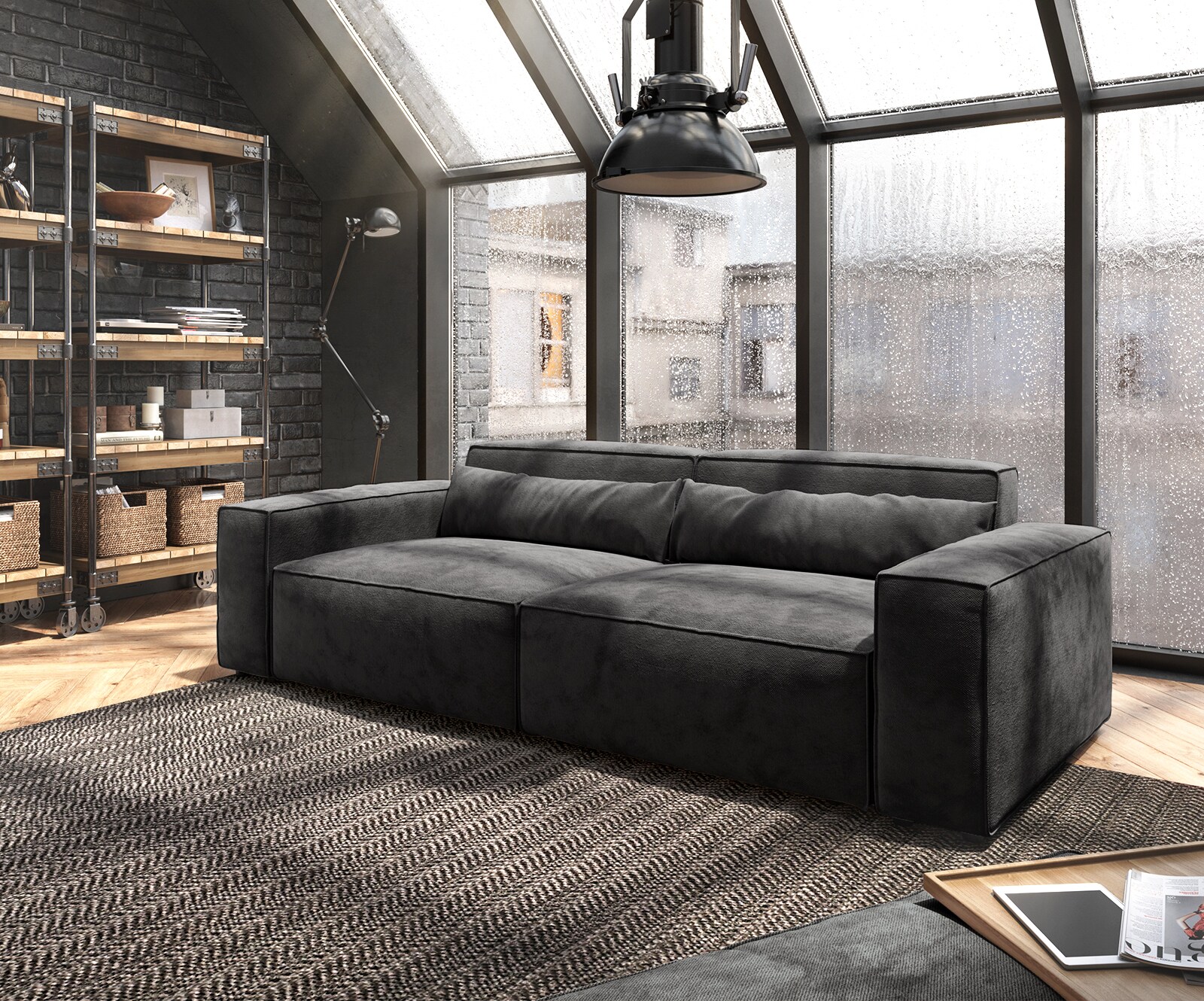 Duża sofa Sirpio 230x95 cm mikrofibra czarna z pufem