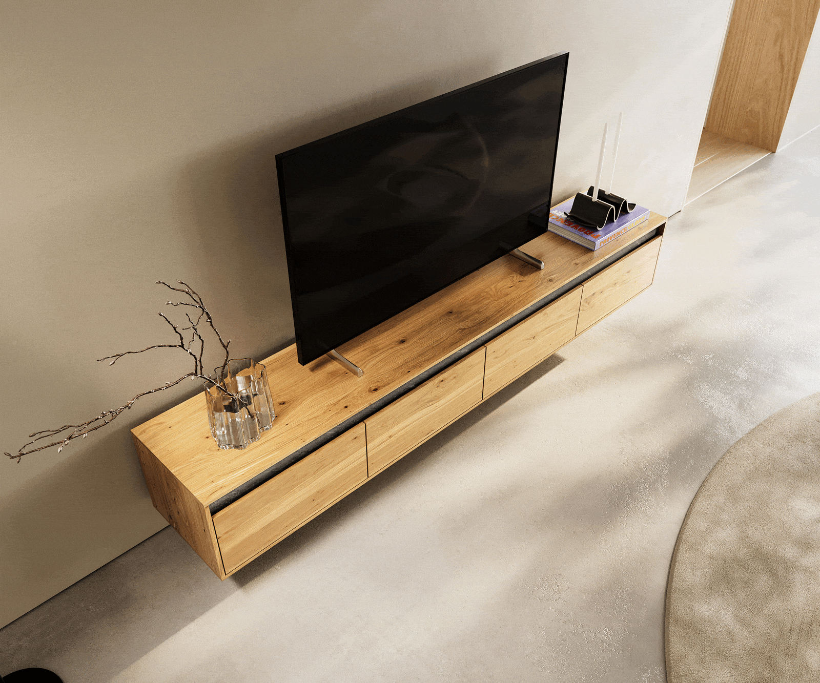 Szafka RTV Stonegrace 200 cm dąb naturalny łupek 4 szuflady podwieszana 4