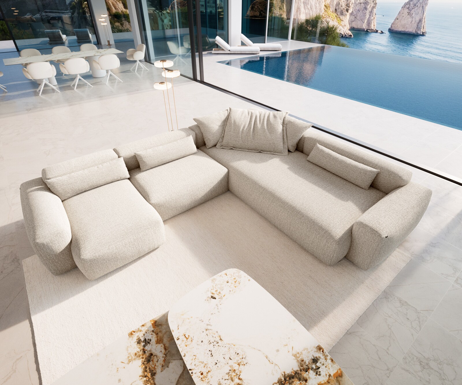 Sofa w kształcie litery U Freestyle 360x290 cm miękka tkanina beżowa szew płaski 3