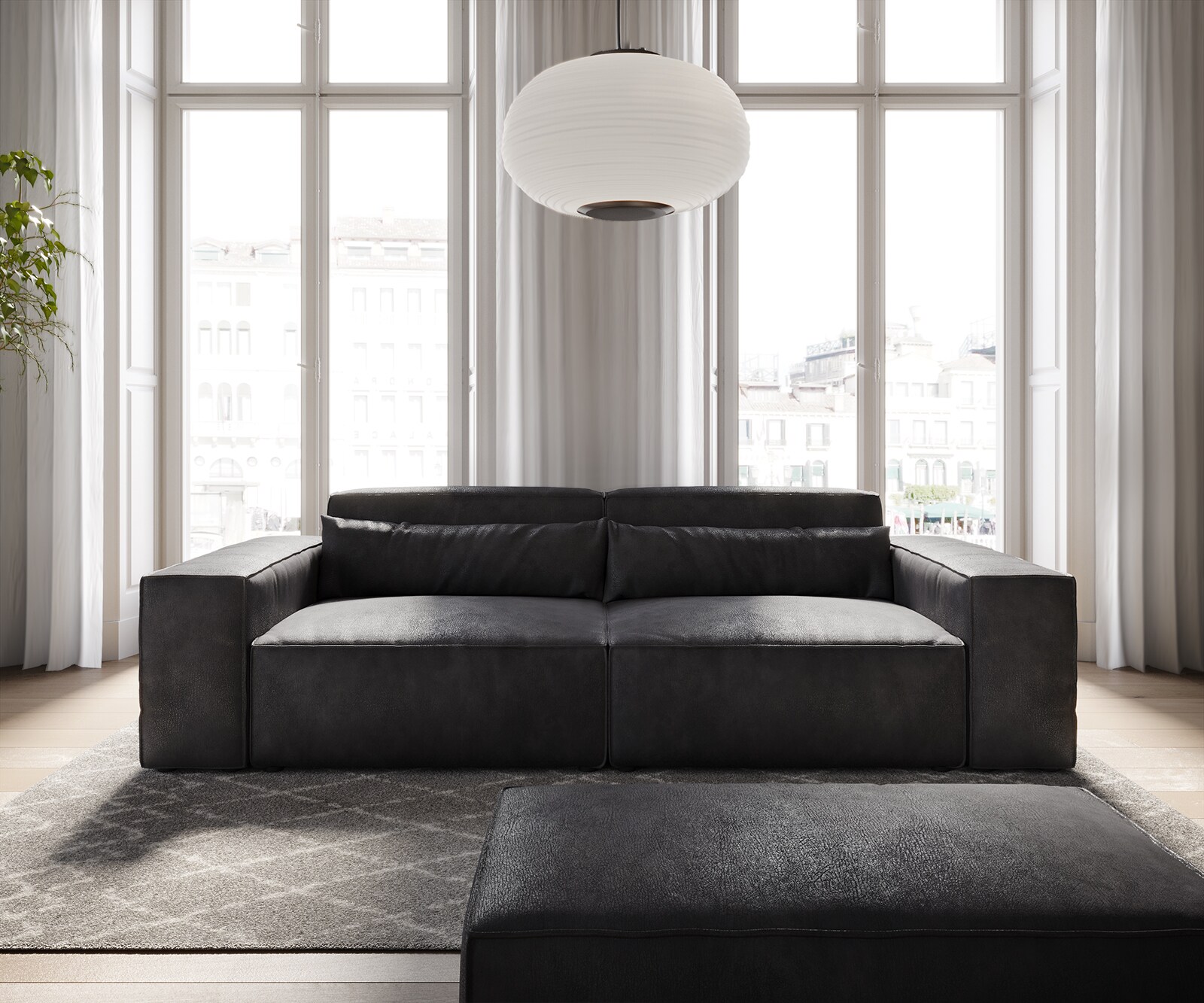 Duża sofa Sirpio 230x95 cm eko-skóra antracytowy vintage z pufem 1