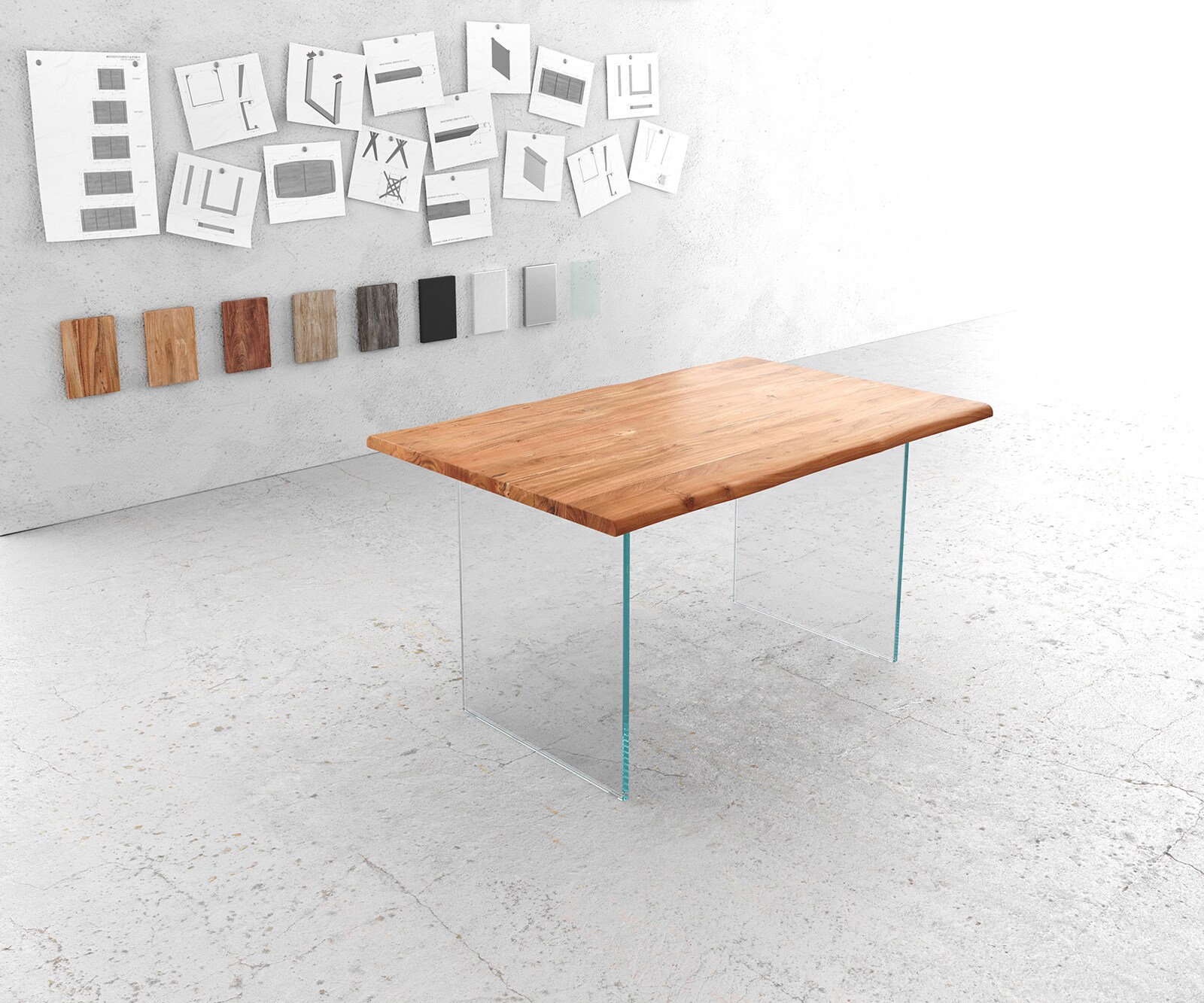 Stół do jadalni Edge 140x90cm akacja naturalna szklana rama live-edge