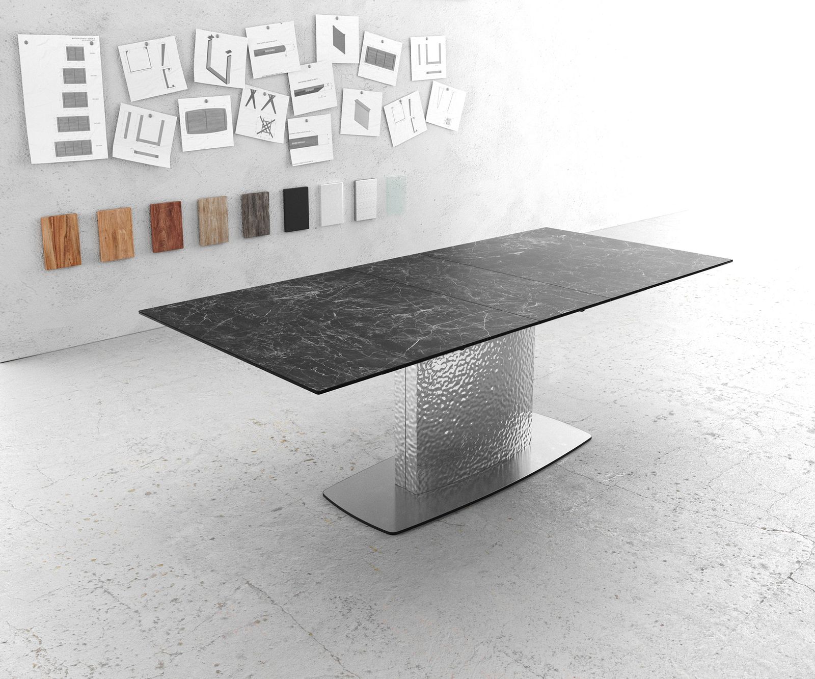 Stół do jadalni Edge 180-220x100 cm ceramika Laminam® Nero Greco antracyt rama Wave stal nierdzewna rozkładany