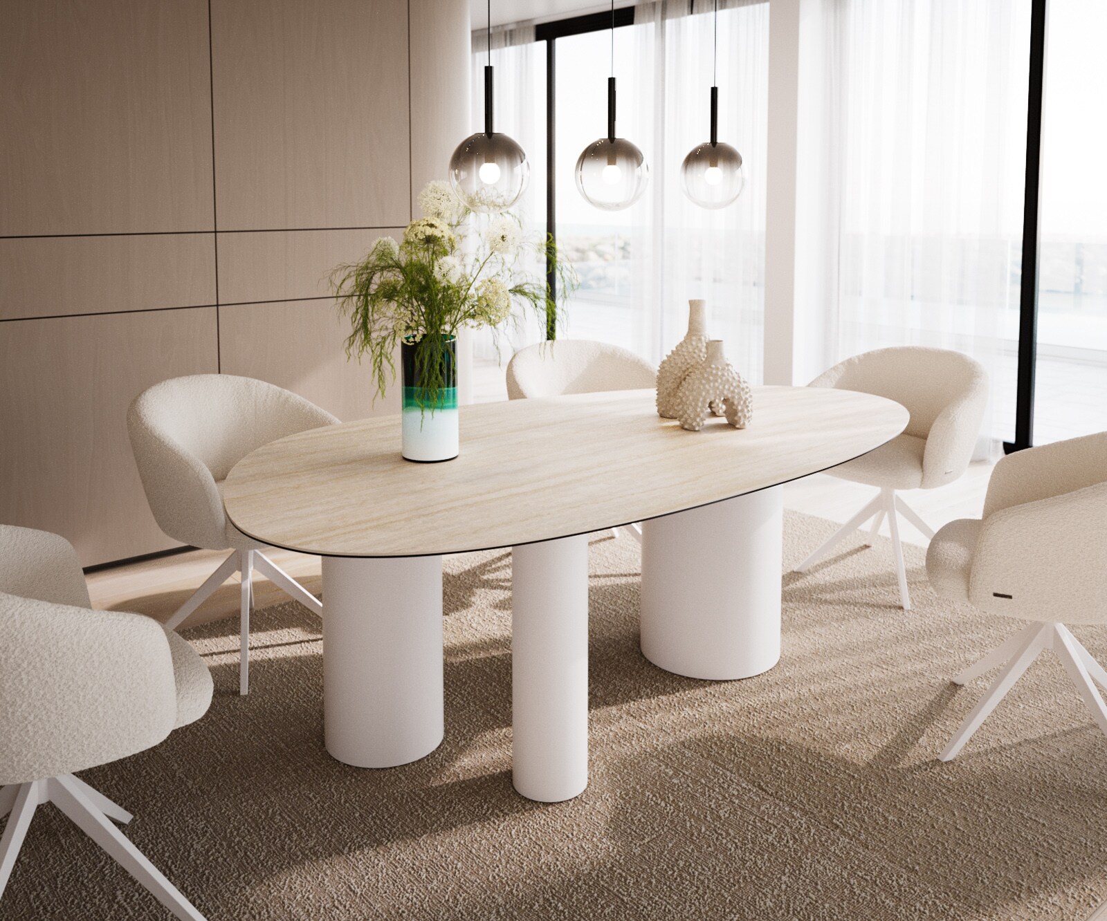 Stół do jadalni Edge owalny 220x120cm ceramika Laminam® Travertino Bianco kremowo-biały rama Troa metal biały
