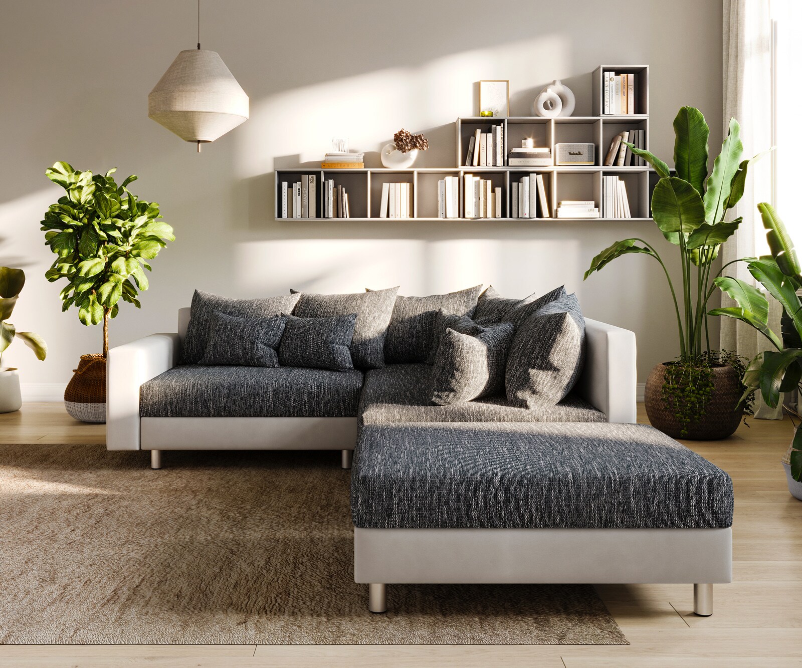 Sofa narożna Clovis biało-czarna puf podłokietnik szezlong prawy modułowa 1