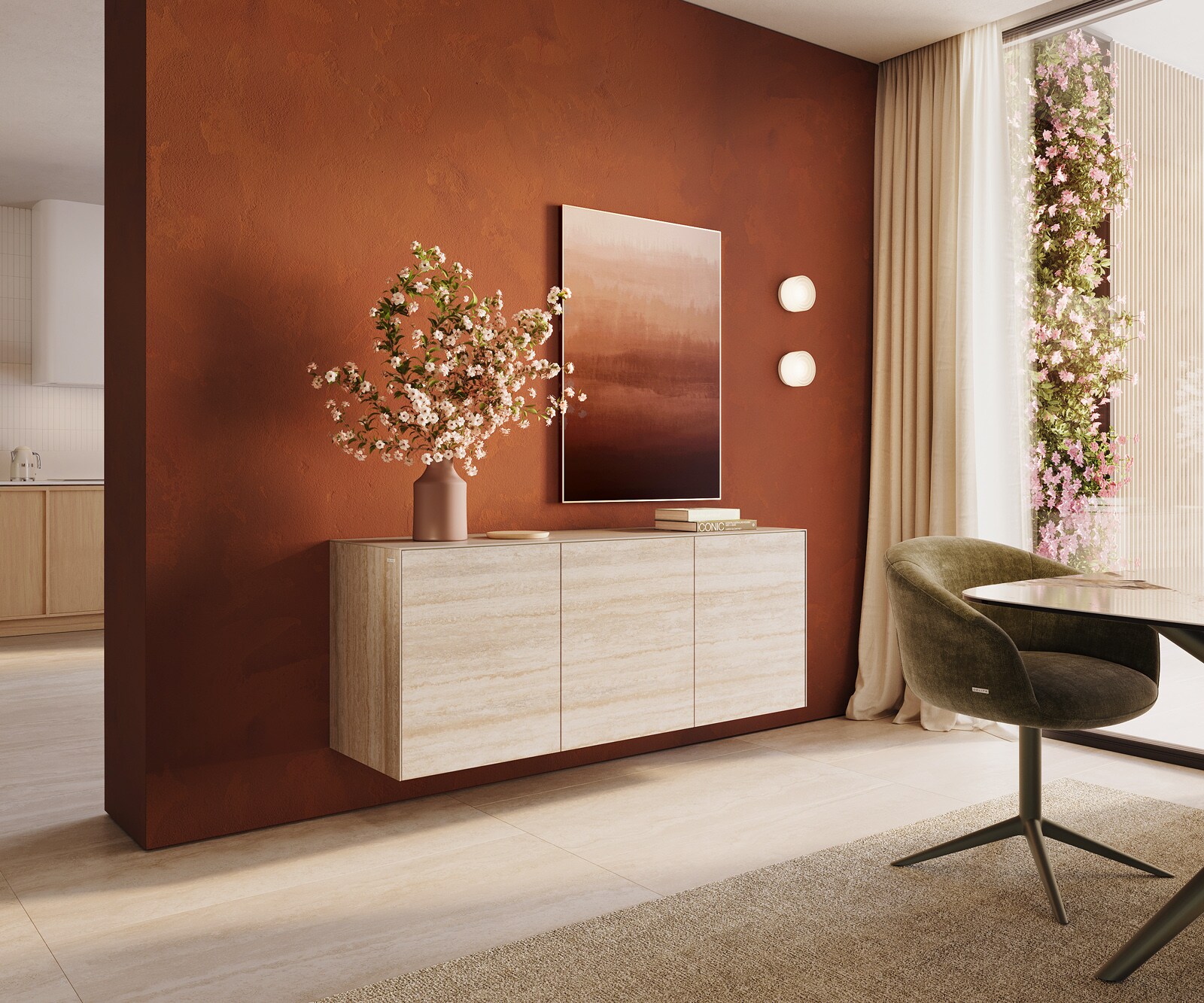 Komoda Cuor 150 cm ceramika Laminam® Travertino Bianco kremowo-biała 3 drzwi podwieszana 1