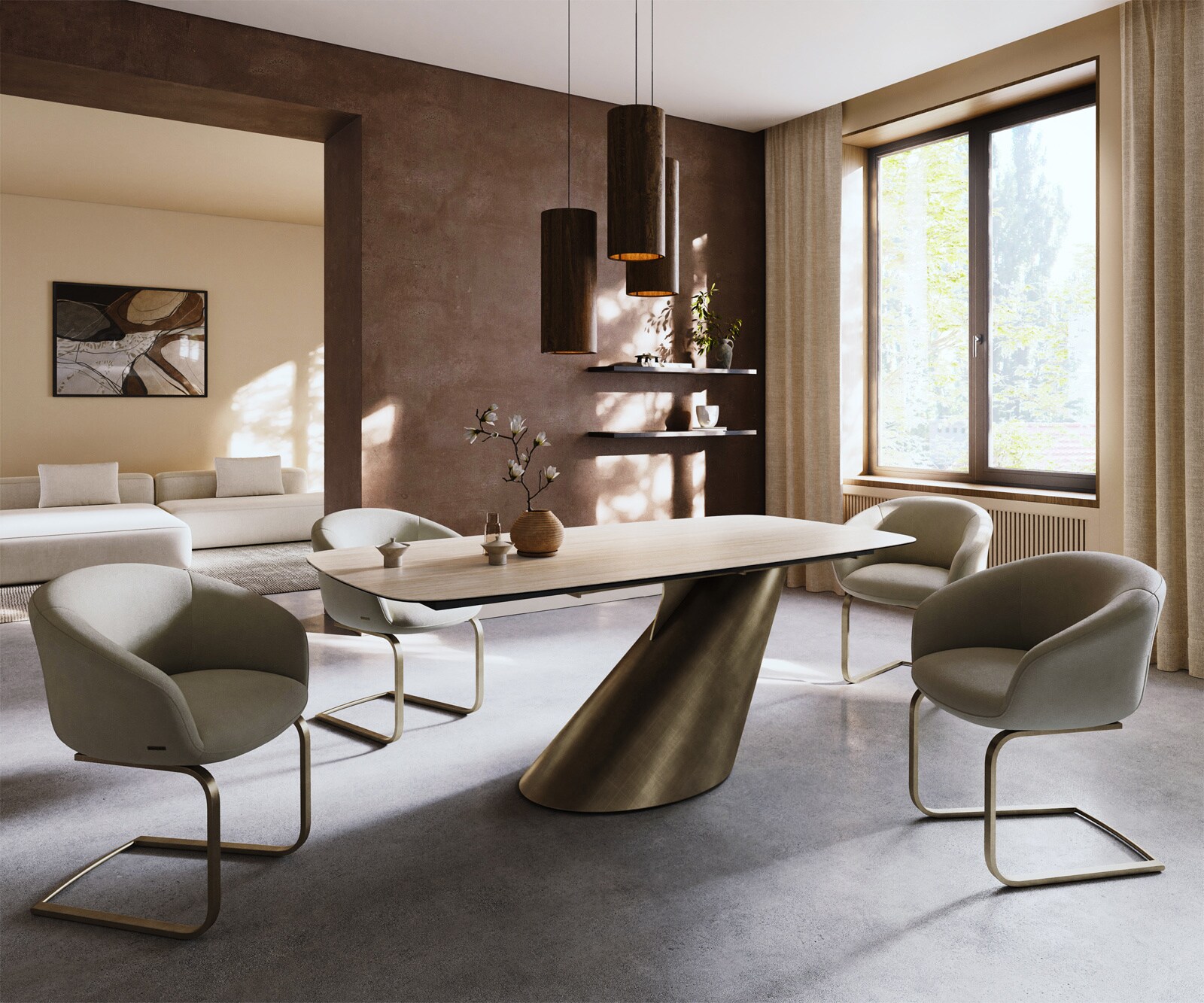 Stół do jadalni Edge w kształcie beczki 200x100cm ceramika Laminam® Travertino Bianco kremowo-biały rama Cono metaliczny złoty 6