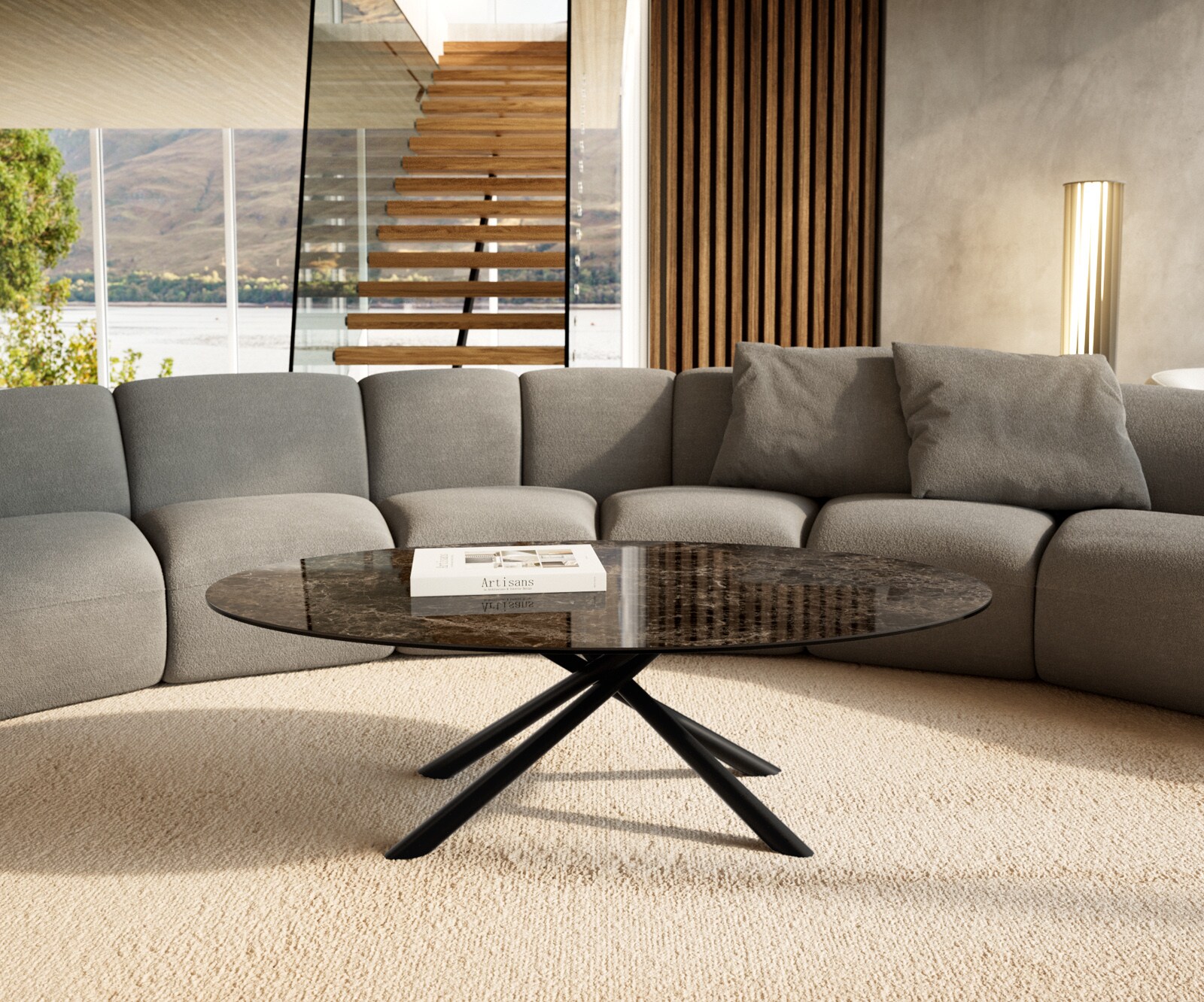 Stolik kawowy Edge owalny 140x80 cm ceramika Laminam® Emperador Extra Lucidato ciemnobrązowa podstawa Sarity metal czarny 2