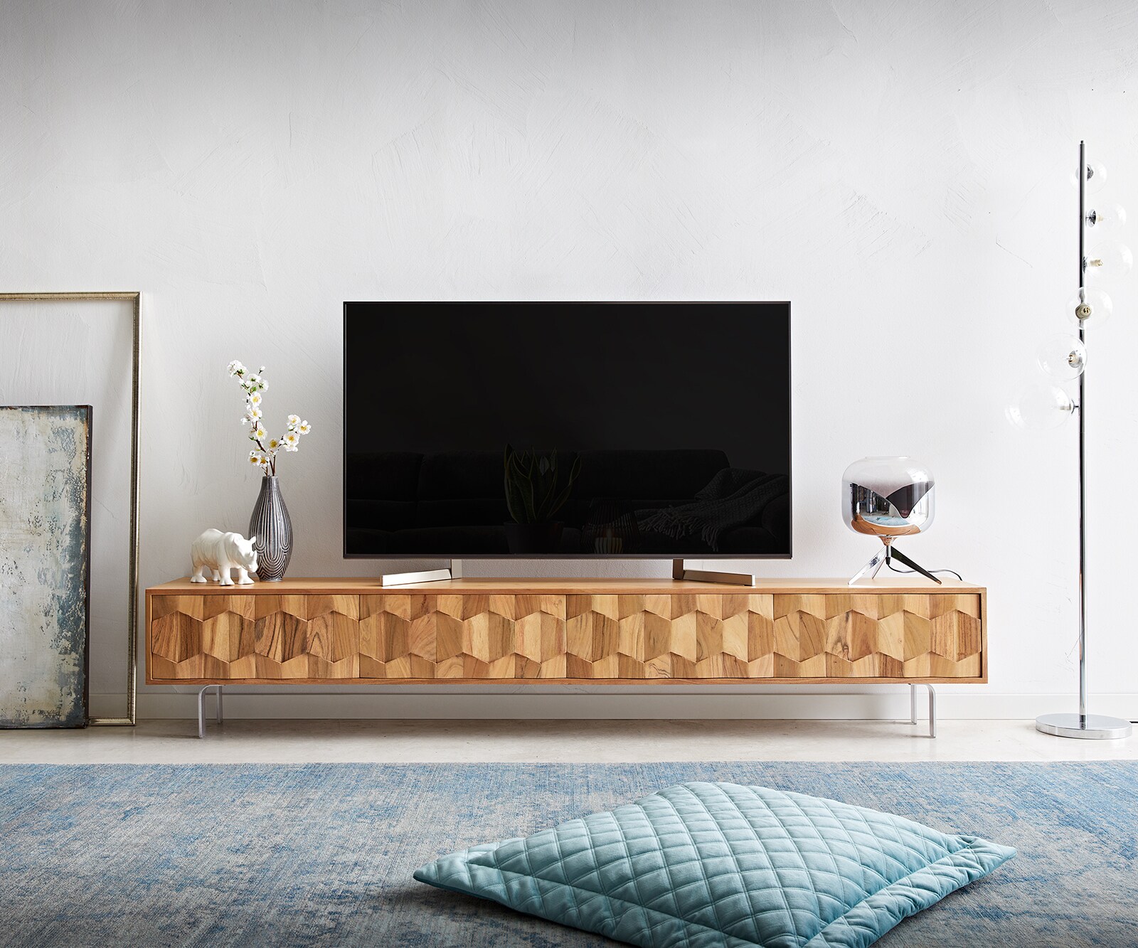 Szafka RTV Fevo 220 cm akacja naturalna 4 drzwi nóżki L 1
