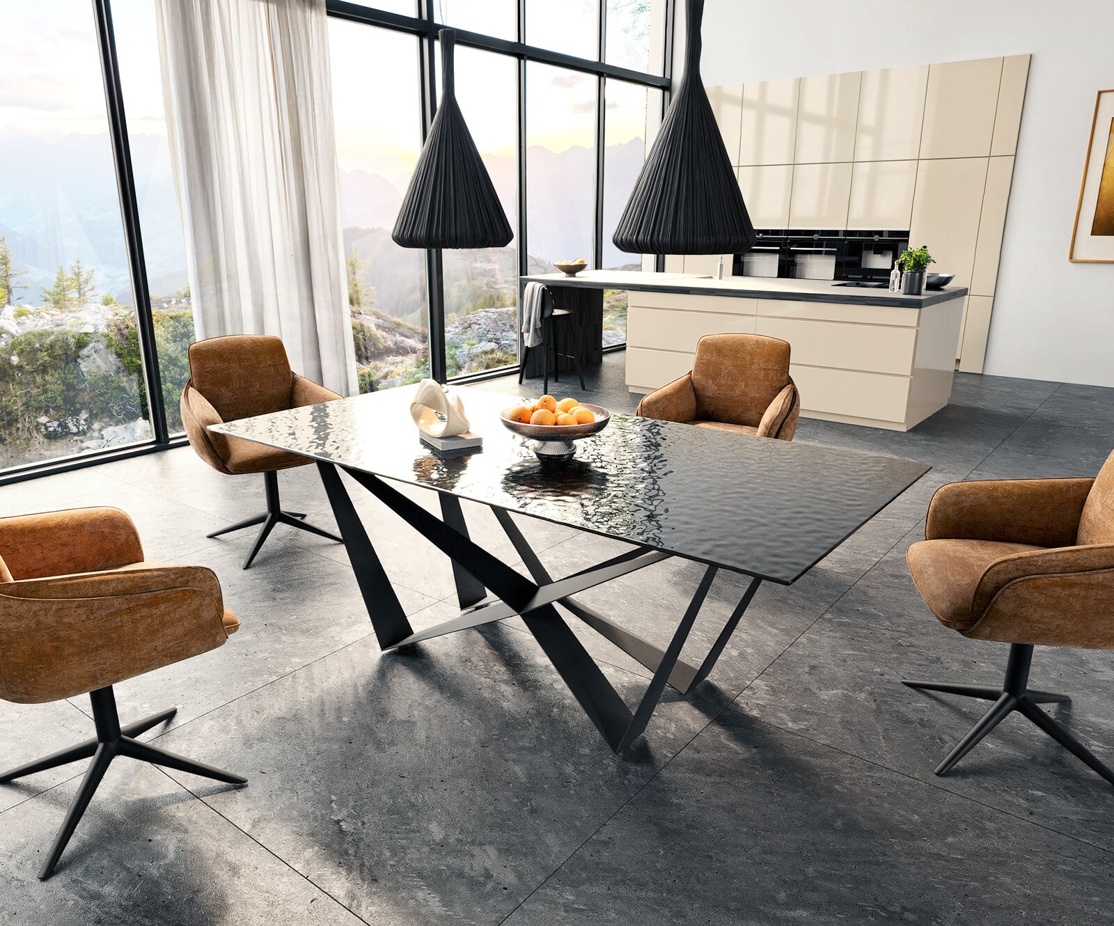 Stół do jadalni Edge 200x100 cm szkło reliefowe czarne efekt 3D rama Spider metal czarna 5