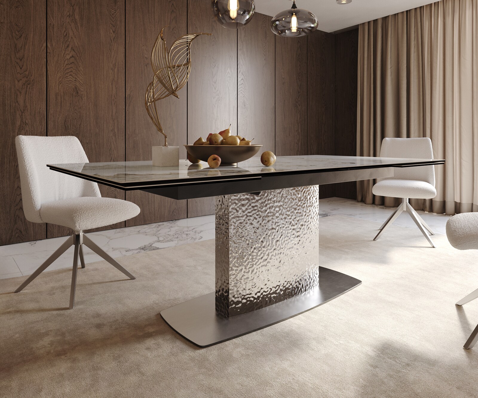 Stół do jadalni Edge 200-300x100 cm ceramika Minas Melange biało-beżowy rama Wave stal nierdzewna rozkładany 7