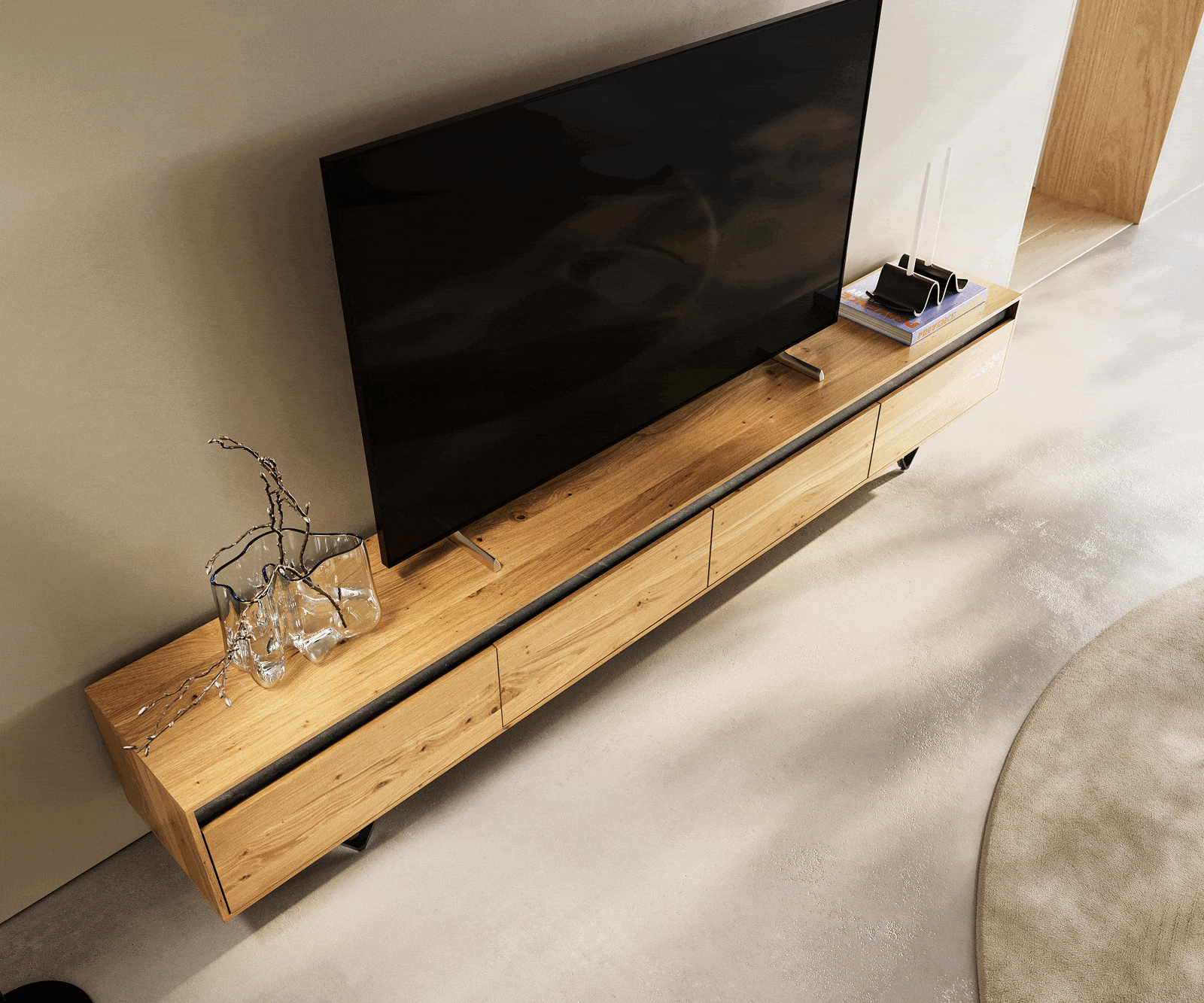 Szafka RTV Stonegrace 240 cm dąb naturalny 4 drzwi nóżki V metal czarny 4