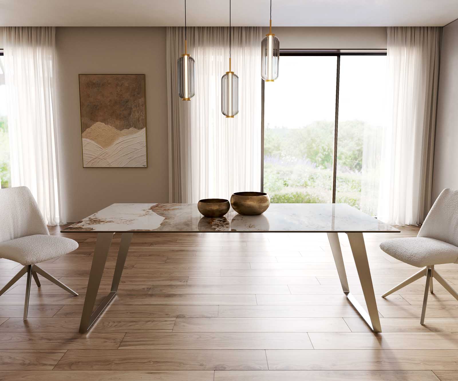 Stół do jadalni Edge 200x100 cm ceramika Minas Melange biało-beżowy stal nierdzewna pochylona rama 1