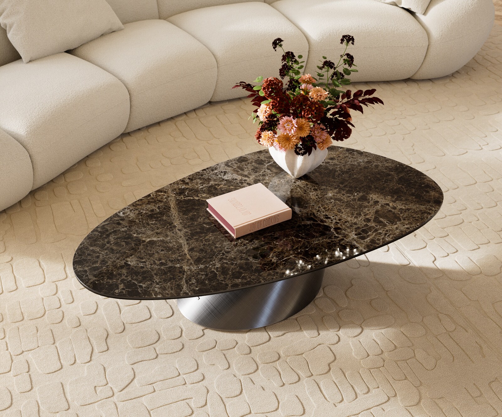 Stolik kawowy Edge owalny 140x75 cm ceramika Laminam® Emperador Extra Lucidato ciemnobrązowa podstawa Conis metaliczny srebrny 4