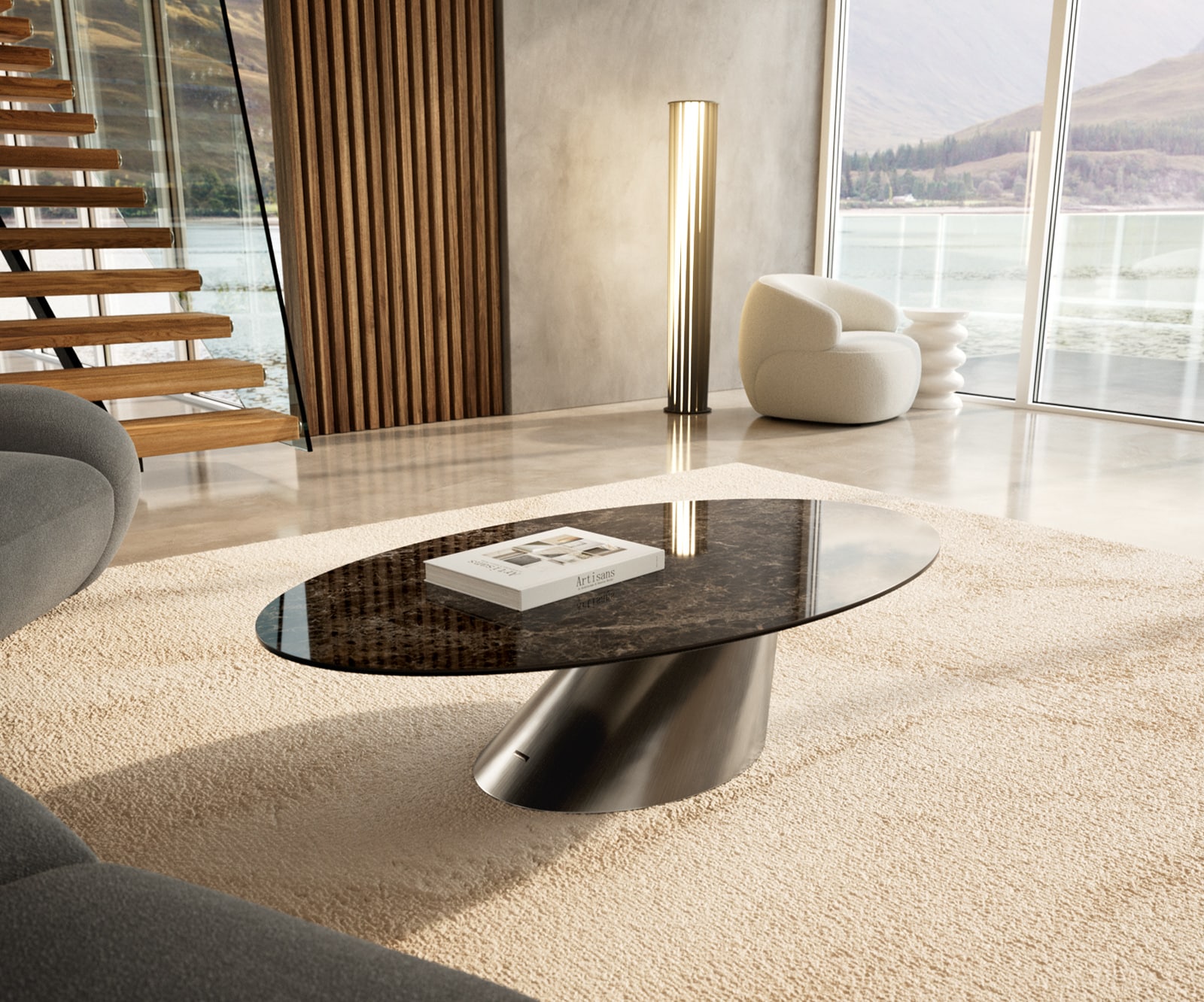 Stolik kawowy Edge owalny 140x80 cm ceramika Laminam® Emperador Extra Lucidato ciemnobrązowa podstawa Conis stal nierdzewna szczotkowana 1