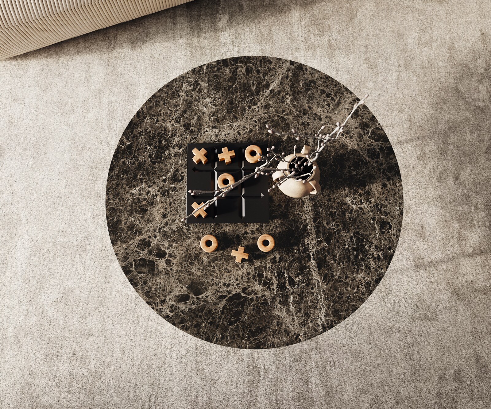 Stolik kawowy Edge okrągły 90x90 cm ceramika Laminam® Emperador Extra Lucidato brązowa podstawa Trive metal czarny 2